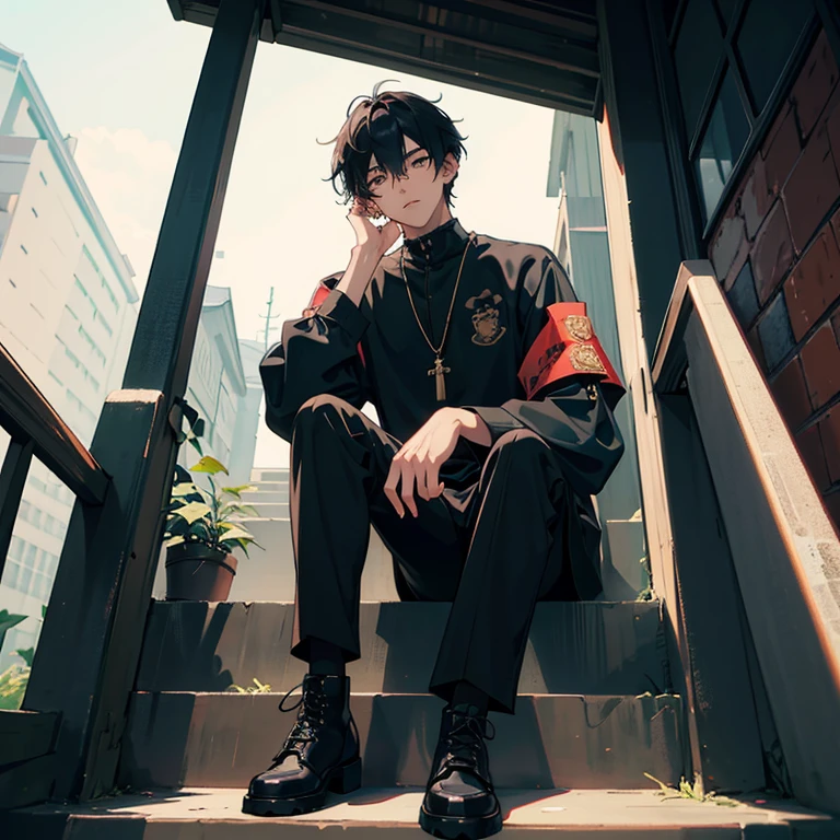 1 Korean young men，20yr old，Hair is medium length，tall，Black  top，black trousers and combat boots，Sitting on the steps，Lift one toe，Badass anime 4k，handsome anime pose，looks into camera，POV perspective，Badass anime 8K