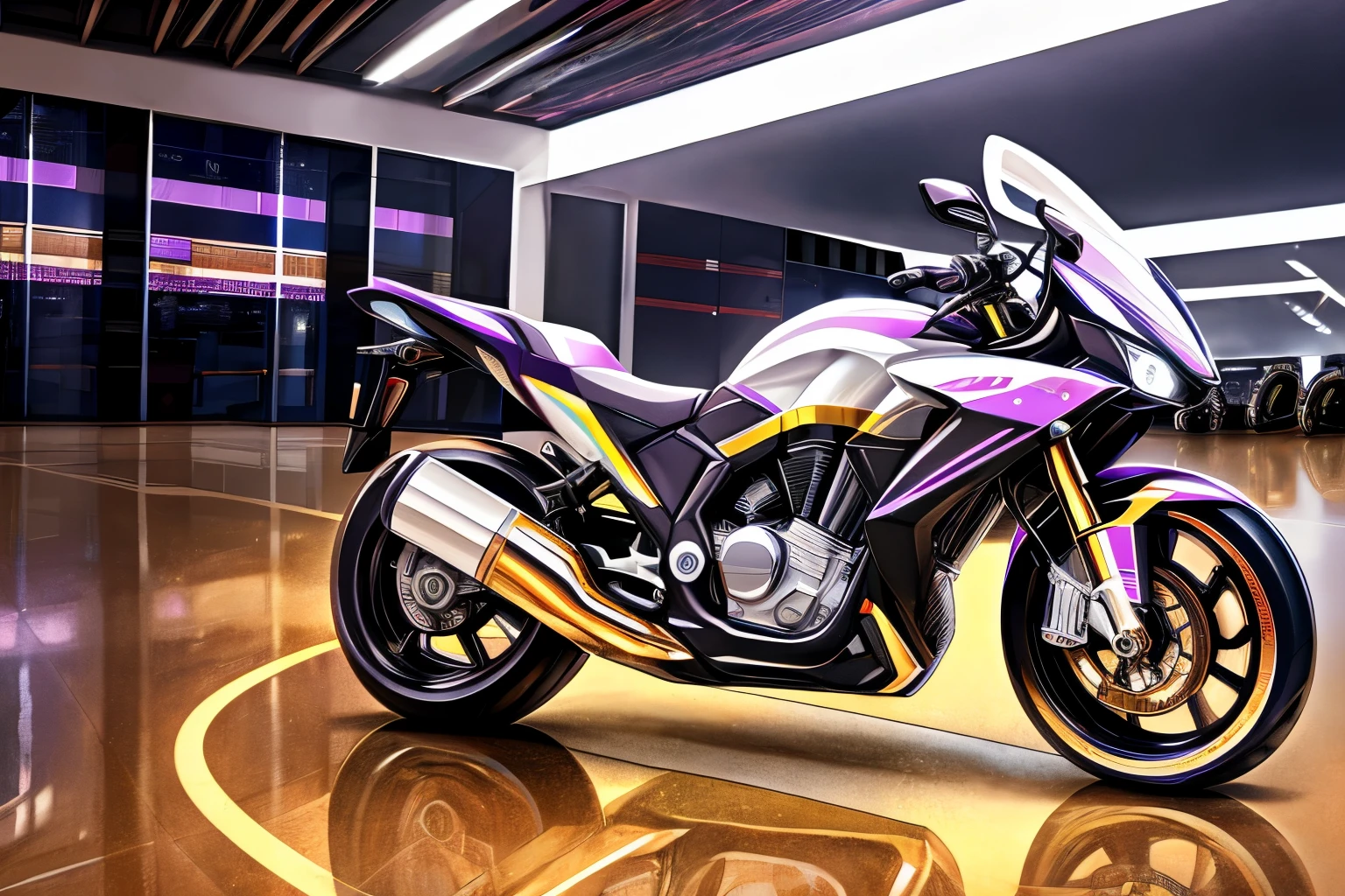 Hd, photorealistic, liquid metal coating, human sportsbike hybrid transformation, college boy morphing into sportsbike, purple gold, inside motorcycle showroom at night
