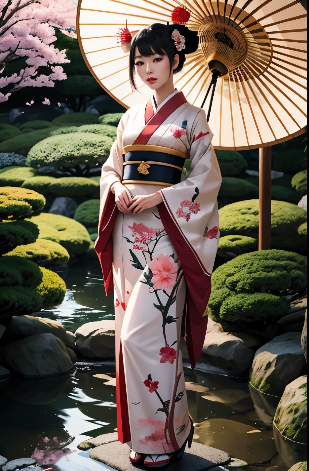 Ultra detailed illustration of a beautiful Japanese woman, wearing Maiko clothes and makeup, art by Mschiffer, (cel shaded) full body, japanese garden