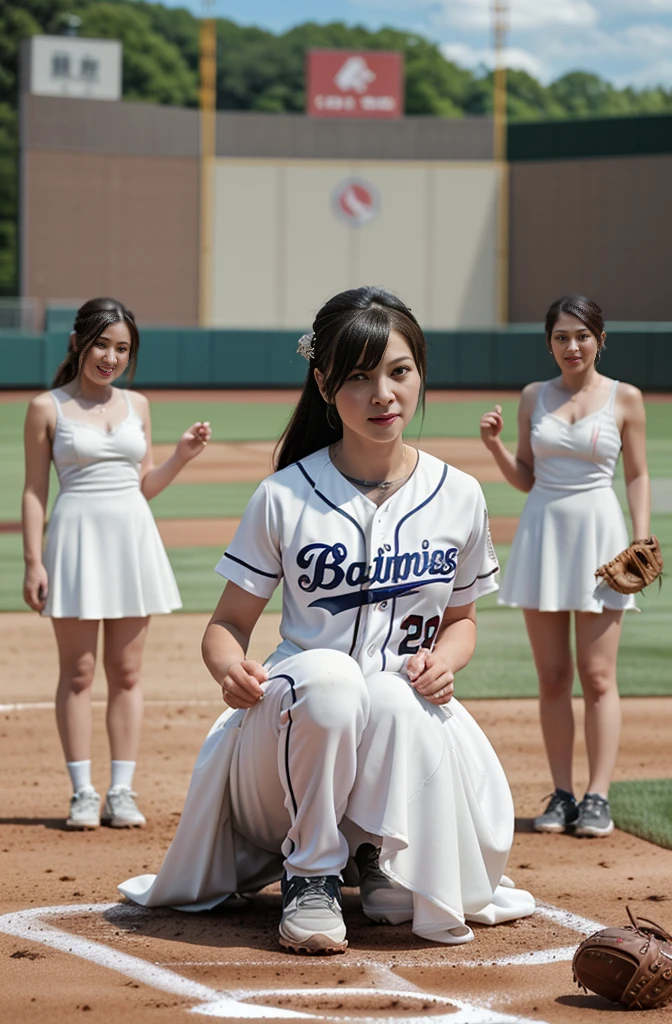 top-quality、​masterpiece、超A high resolution、(photoRealstic:1.2)、女の子1人、独奏、(女の子1人:1.5)、wedding、photo shot、path to transformation、A bride wearing a wedding dress transforms into a female baseball player、A wedding dress smoothly transforms into a baseball uniform.、Baseball Shoes、Looks out of place、Surprised expression as you see yourself transforming、