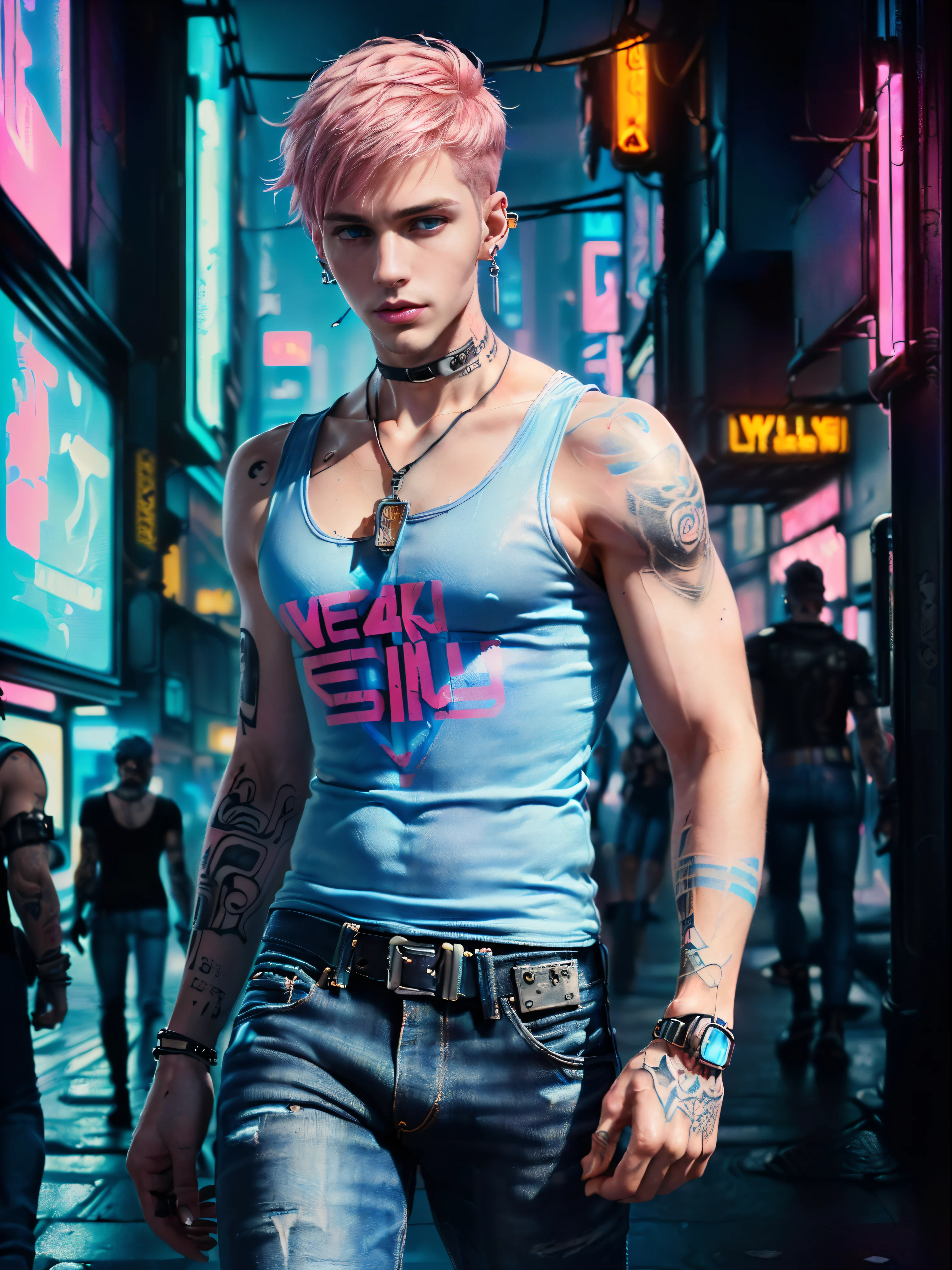 (best quality: 1.5), (Masterpiece: 1.5), (very high detailed: 1.5), (4k resolution: 1.5), 1boy, (21 years old: 1.2), (cyberpunk boy: 1.5), (beautiful white boy: 1.6), (tall boy: 1.3), (seductive blue eyes: 1.4), (very short pink hair: 1.4), (colorful tattoos on hands and neck: 1.4), (cyberpunk city: 1.4), (wear tank top men: 1.4), (wear blue jeans: 1.4), (earrings: 1.4), (wide lips: 1.5), (perfect photography: 1.4)