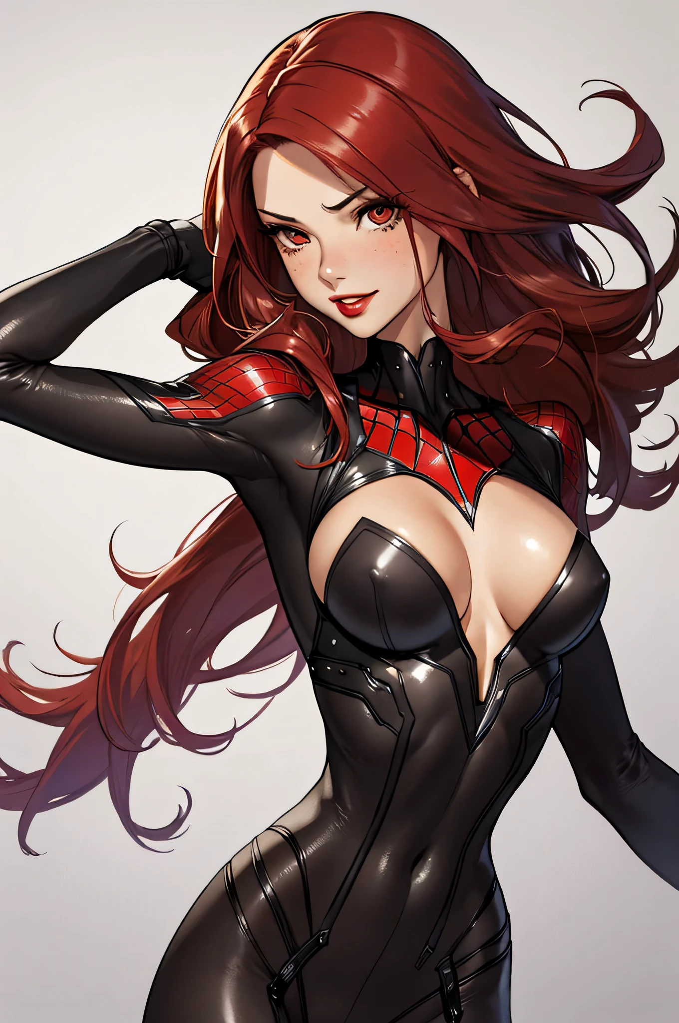 1girl,a beautiful fashion model ,(masterpiece, detailed background, best quality),shiny hair, red hair,smirk,juicy lips,red lips, lingerie, stripping, elegant makeup, exhibitionism, torn spiderman outfit, Persona3Mitsuru, art by j scott campbell, freckles, girl in a dynamic pse, shiny skin, confident expression, smirk, bodysuit, abs, toned abdomen