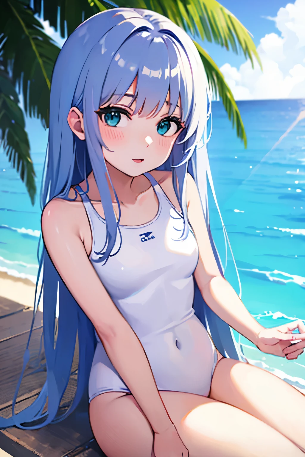 Cabello largo plateado, ojos verdes, white clothes, petite, sonrisa, neckline, sport swimsuit, muslos hermosos, beach, sky blue