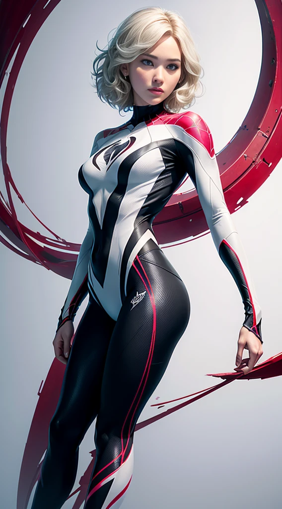 spider gwen, Hot, partial , hightquality, Dynamic Poses, Beautiful, Gorgeous, In love,Short suit, spider in a suit, white black red suit、Jennifer Lawrence