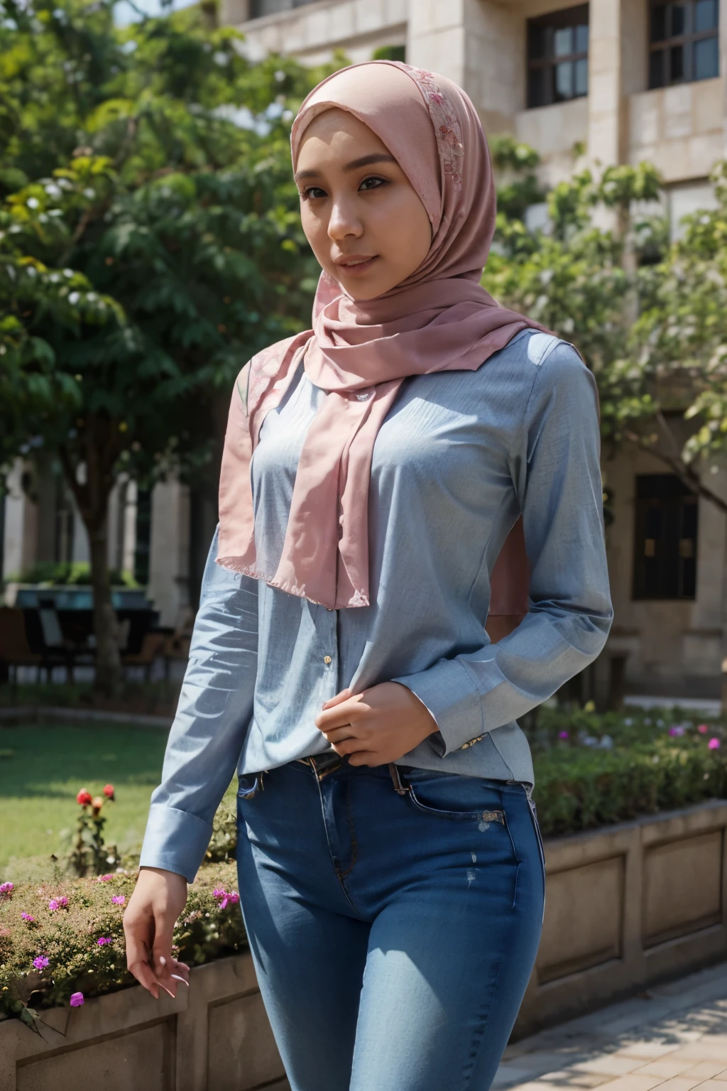 (Half-body:1.2), (flat-chests:1.5), (blouse jeans Outfit:1.3), (RAW photo, Masterpiece, Best Quality:1.2), (hijab:1.4), (headscarf:1.2), Flower Garden, Landscape view, Rose Garden, on the Garden, Premium Garden Background, Clothes that are covered and polite, long-sleeved Hijab clothes, look polite and elegant, ((Best Quality Hijab Hair, Hair close with Hijab)), ((hands_with_5_fingers):1), ((perfect_hands):1), ((perfect_fingers):1), better_hands, malaysian girl, in front of klcc
