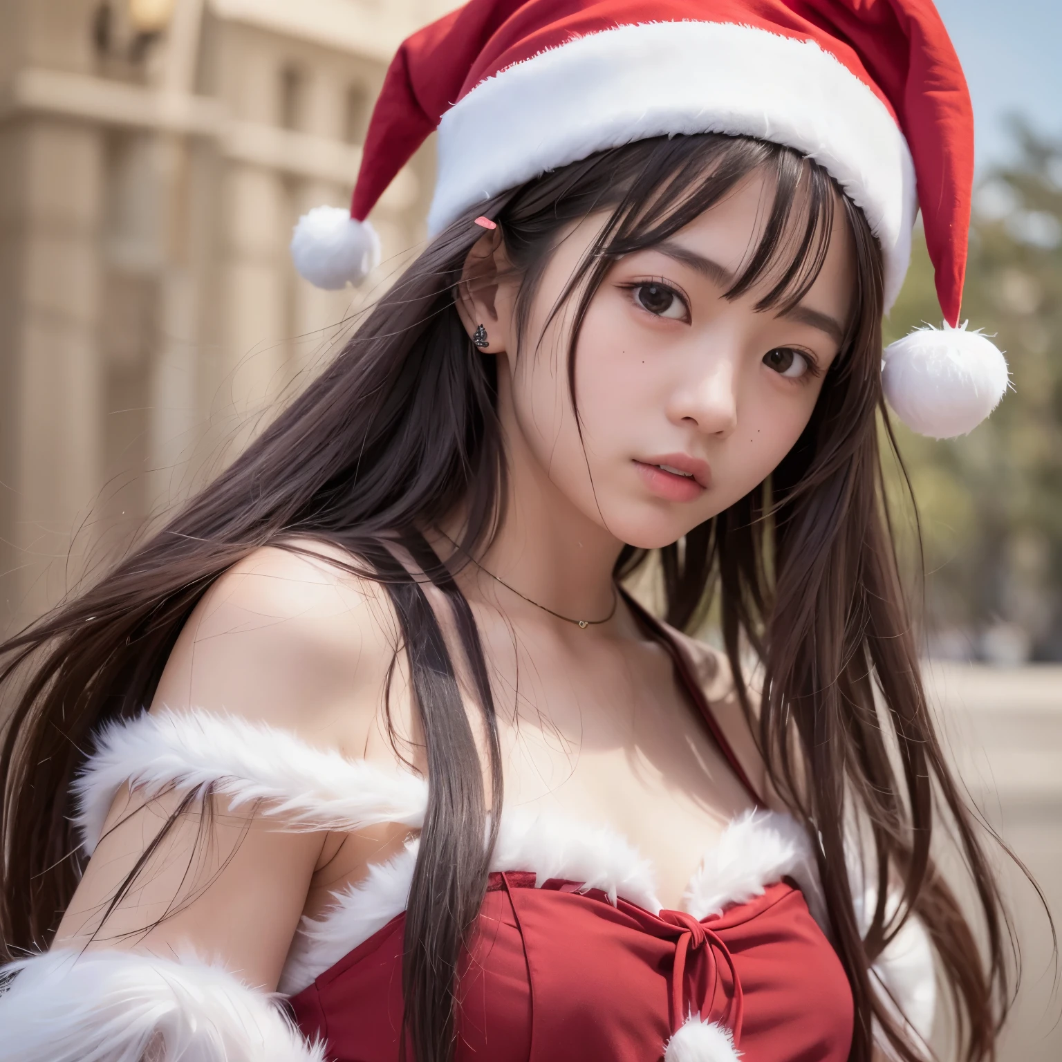 1girl in, ((Selfie)), Wind, hair messy, Sunset, Cityscape, (Aesthetics and atmosphere:1.2),Beautiful woman smiling、8K、An ultra-high picture quality、japanes、1 woman around 20 years old、French Bob Hair、Smiling、((smile with white teeth))、((santa claus))、((Costume reminiscent of Christ Maid Breast、Beautie、8K、An ultra-high picture quality、japanes、1 woman around 20 years old、Black hair、short-cut、blue eyes beautiful face、A detailed face、Detailed eyes、realisticeyes、Detailed skin、realskin、Detailed hair strands、dishevled hair、disheveled hair、Slim body、Beautiful body、Nice style、middlebreasts、Soft looking、Christmas color knit hat、inclined plane、((Hollow smile))、santa costume、