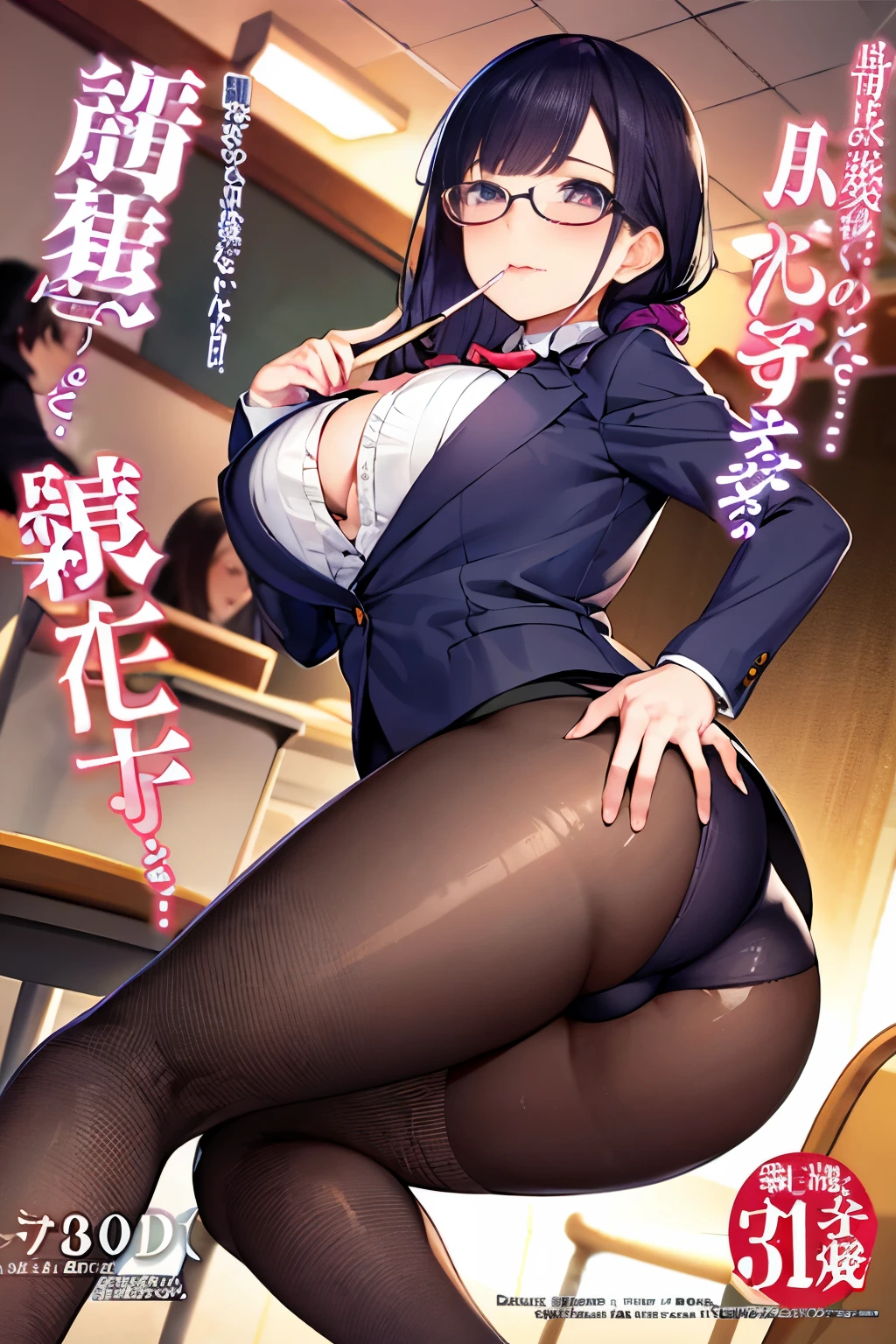 30 
(masterpiece), (best quality), (ultra detailed), intricate details, detailed beautiful face and eyes, pink eyes. Yuri sakazaki, 1girl, solo, purple eyes,, long hair tied in braid, purple and blue ombré hair ribbon, fingerless gloves, gloves, pantyhose, pleated_skirt, torn pants, short sleeves, nsfw, finger in mouth, back facing the camera, fishnet tights. Masterpiece. High quality. Anime girl. Large breasts. Tight clothes. English teacher. Class room background. Glasses. Large ass. Formal clothes. Mini skirt. Shirt showing cleavage. Blushing. Happy expression. Drooling at the mouth. Green eyes. Leaning forward. High heels. Stood up with angry expression. Hands on hips. Holding a text book. Pencil in mouth