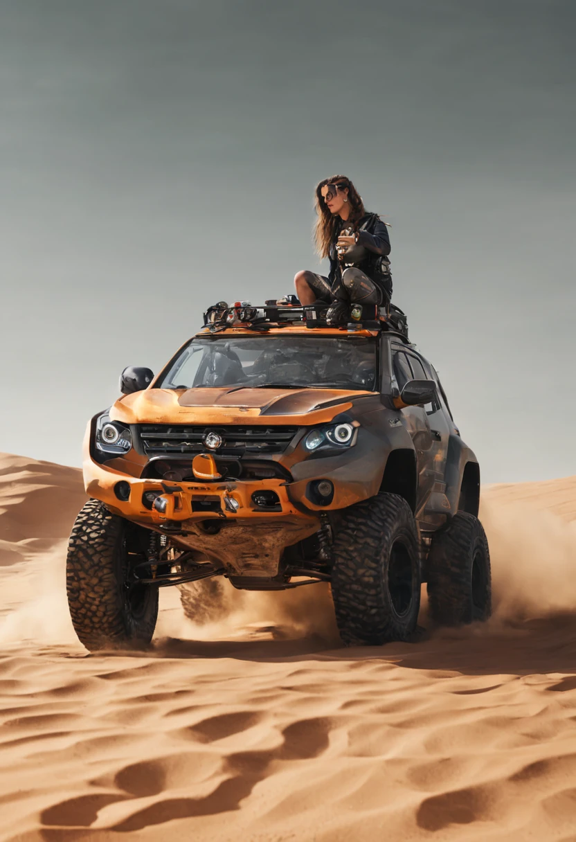 Com uma garota nervosa, estilo madmax, in a surfing position on the bonnet of an off-road vehicle, futurista, Pintura reflexiva, Estilo Madmax, apocalipse, carroceria enferrujada, long front hood, Vidros transparente, rodas grandes e brilhantes, Ultra realista, 8k, em um deserto de canyons, dia, fechar.