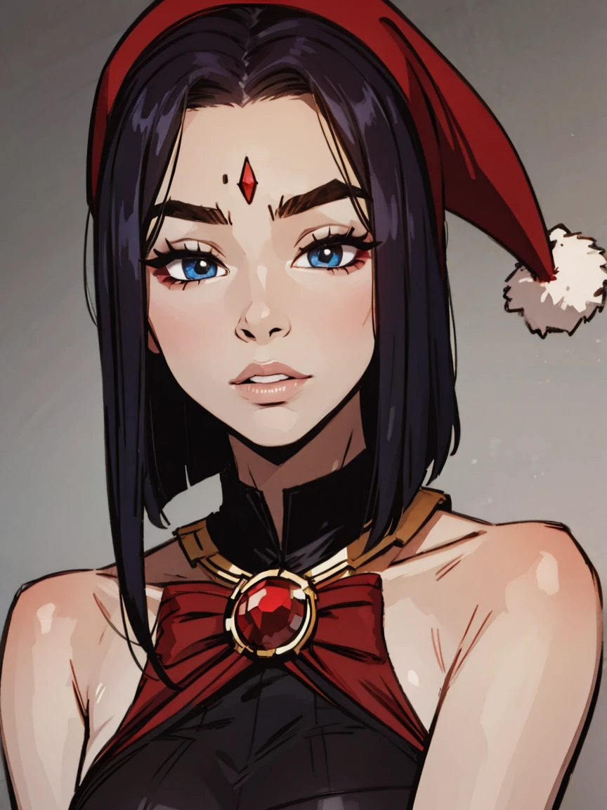 Raven, santa outfit, red jewel on forehead, santa hat, detailed, masterpiece