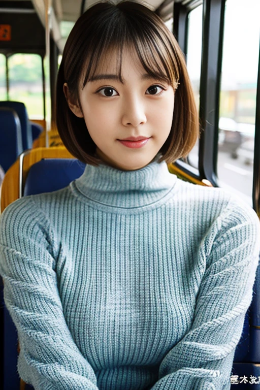 best quality, photorealistic, a Japanese idol, cute, knit shirt, turtle neck, medium breast, take a bus,