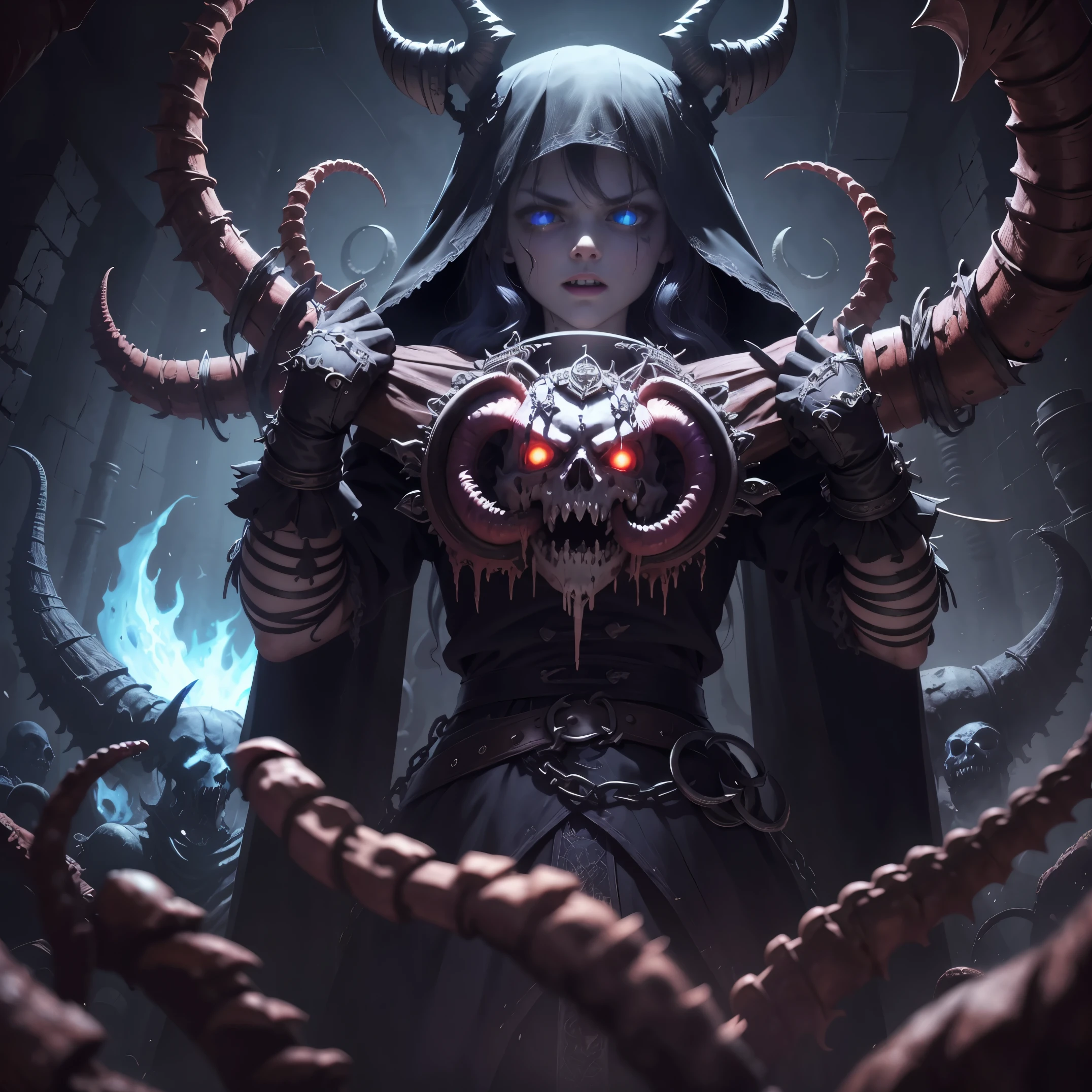 demonio, bestial skull, correntes ensanguentadas, preso, ossos Behemoth, manic eye aberration, membros suturados, tentacles, ossos, dentes, presas afiadas, acorrentado, expression of insanity, loucura, dungeon dungeon environment, 8k, qualidade ultra HD.