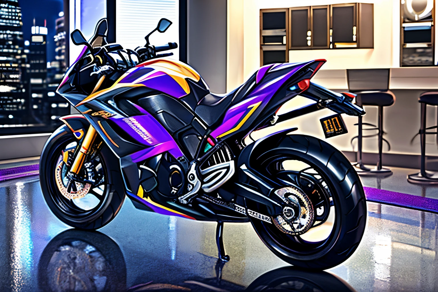 Hd, photorealistic, liquid metal coating, human sportsbike hybridization transformation, human to vehicle conversion, college boy morphing into sportsbike, purple gold, inside motorcycle showroom at night