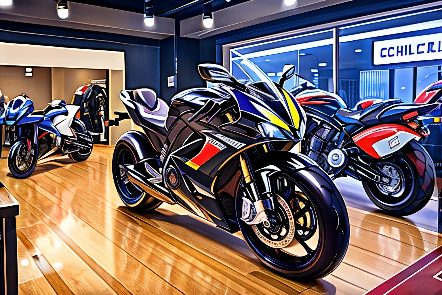 Hd, photorealistic, liquid metal coating, human sportsbike hybridization transformation, human to vehicle conversion, college boy morphing into sportsbike, purple gold, inside motorcycle showroom at night