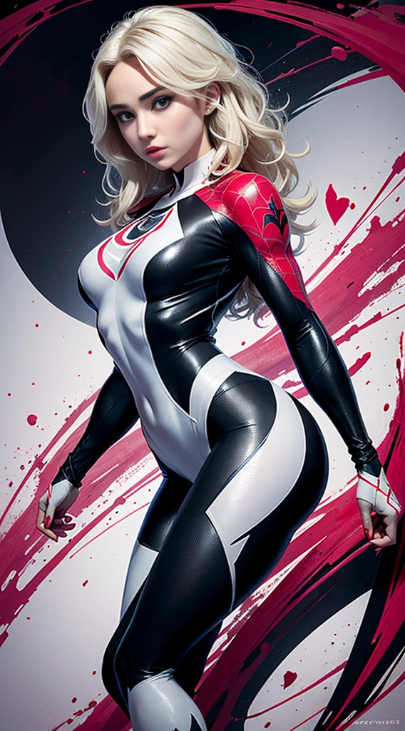 spider gwen, Hot, partial , hightquality, Dynamic Poses, Beautiful, Gorgeous, In love,Short suit, spider in a suit, white black red suit、Hayden Panettiere