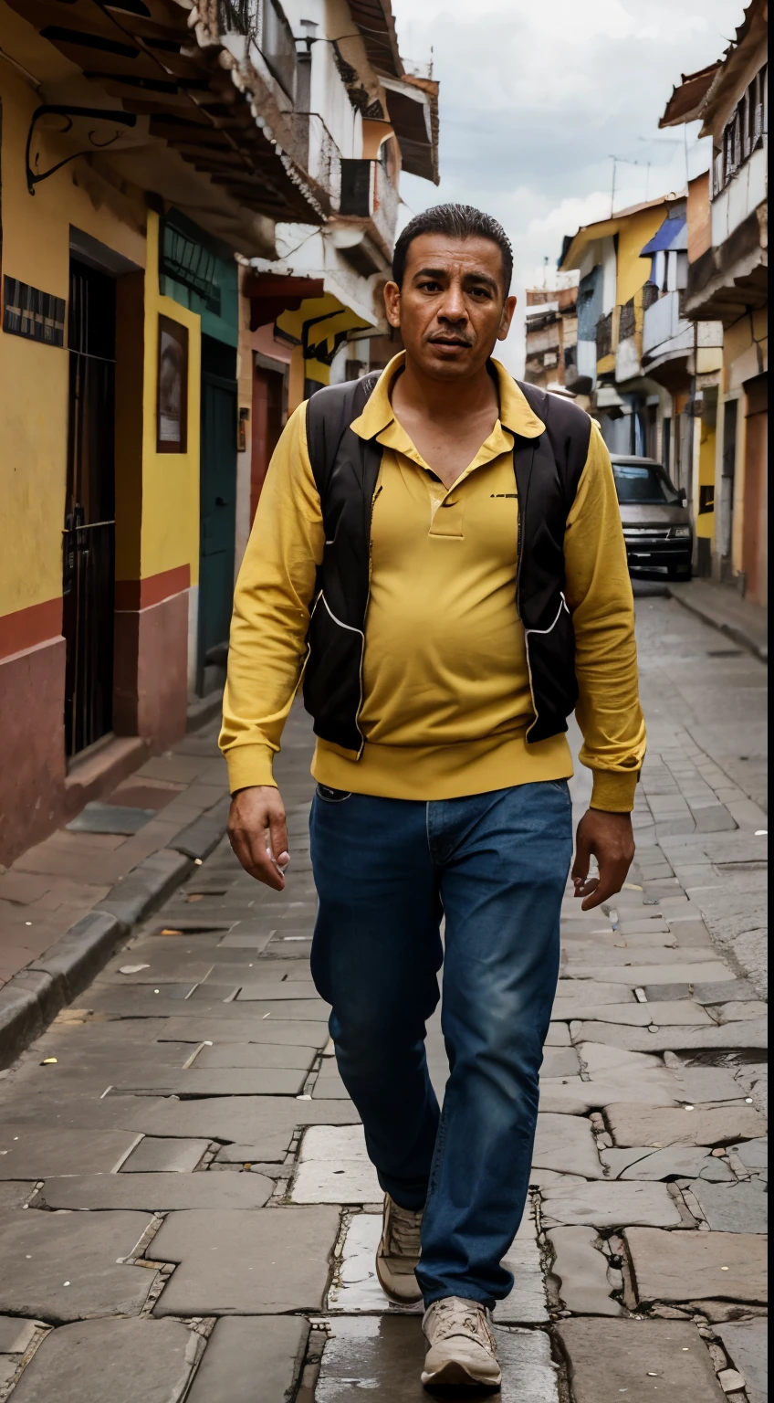 a very ugly colombian man walking in the street of Bogota, ugly clothes, facing the camera