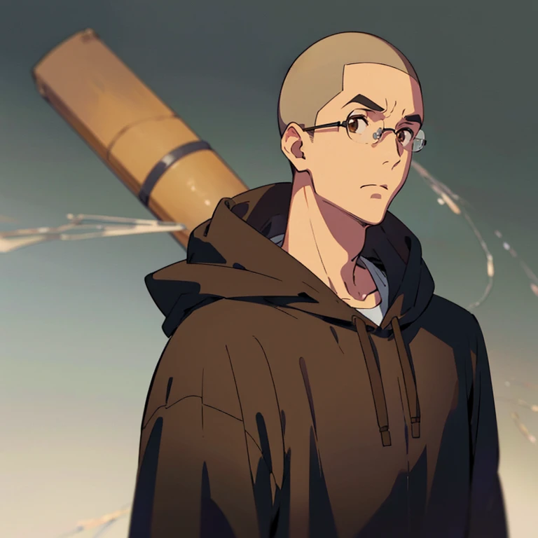 Create an anime character in his early twenties with a buzz cut hairstyle, hazel brown eyes, and eyeglasses. Give him a frowning expression and dress him in a black hoodie. Ensure a clear background for the image, enhancing the focus on the character's features.