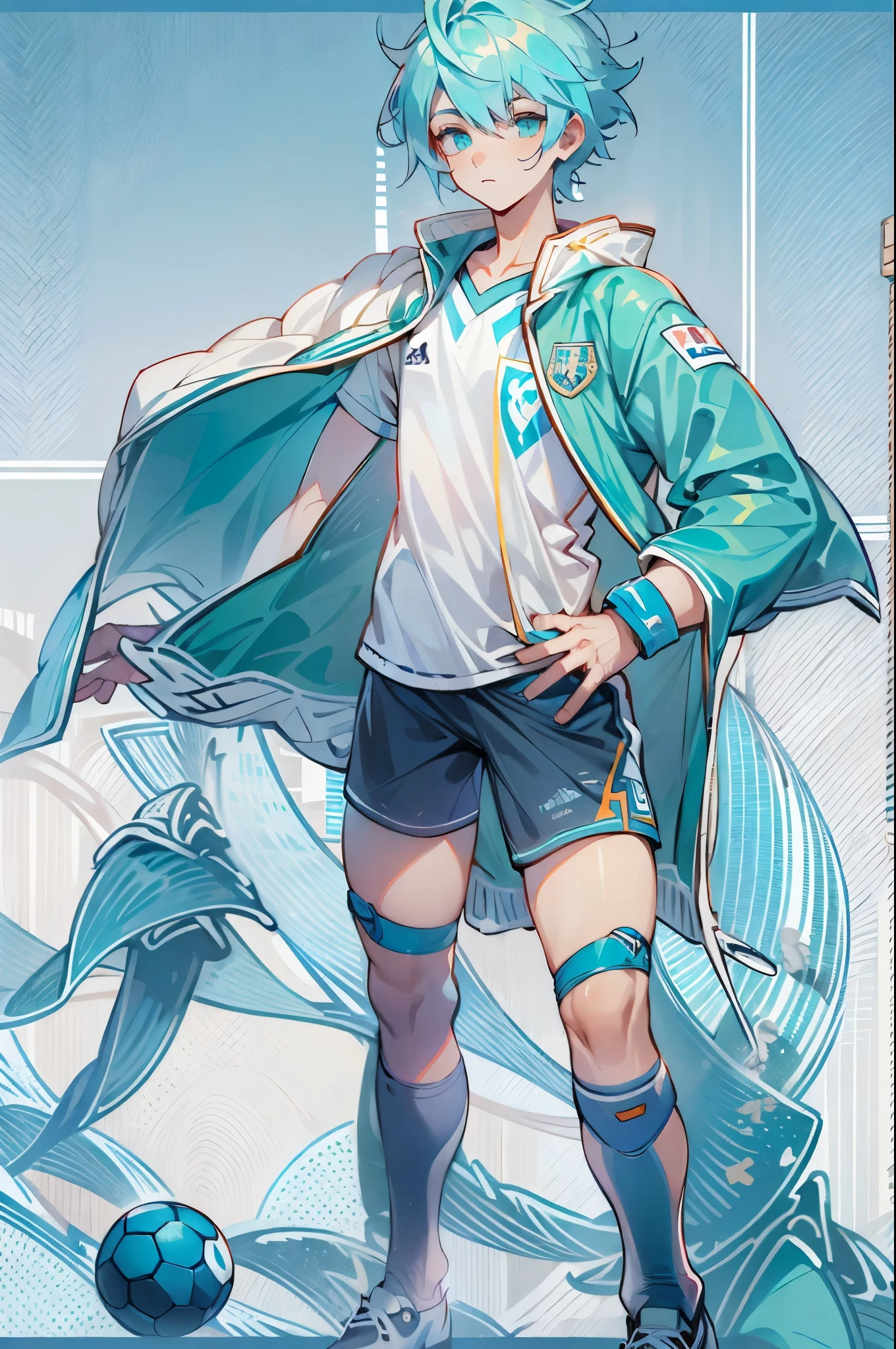 (obra-prima, melhor qualidade: 1.2), 1boy,(masculino),aquamarine eyes, blue hair, soccer uniform
