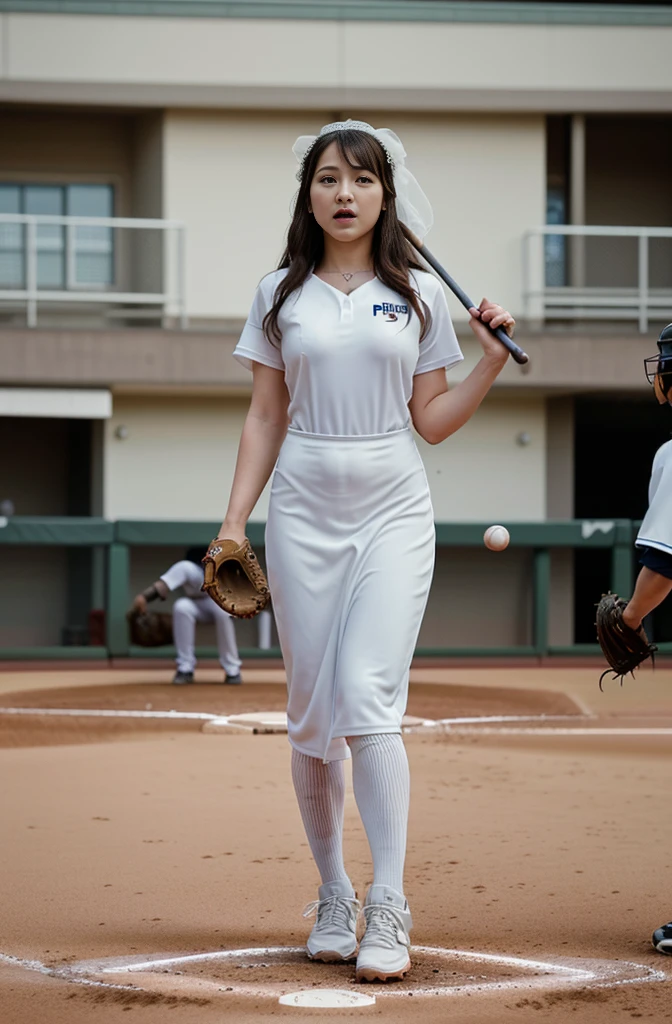 top-quality、masterpiece、超A high resolution、(photoRealstic:1.2)、女の子1人、独奏、(女の子1人:1.5)、photo shot、path to transformation、A bride wearing a wedding dress transforms into a female baseball player、Wedding Veils、A wedding dress smoothly transforms into a baseball uniform.、Baseball Shoes、Looks out of place、Surprised expression as you see yourself transforming、