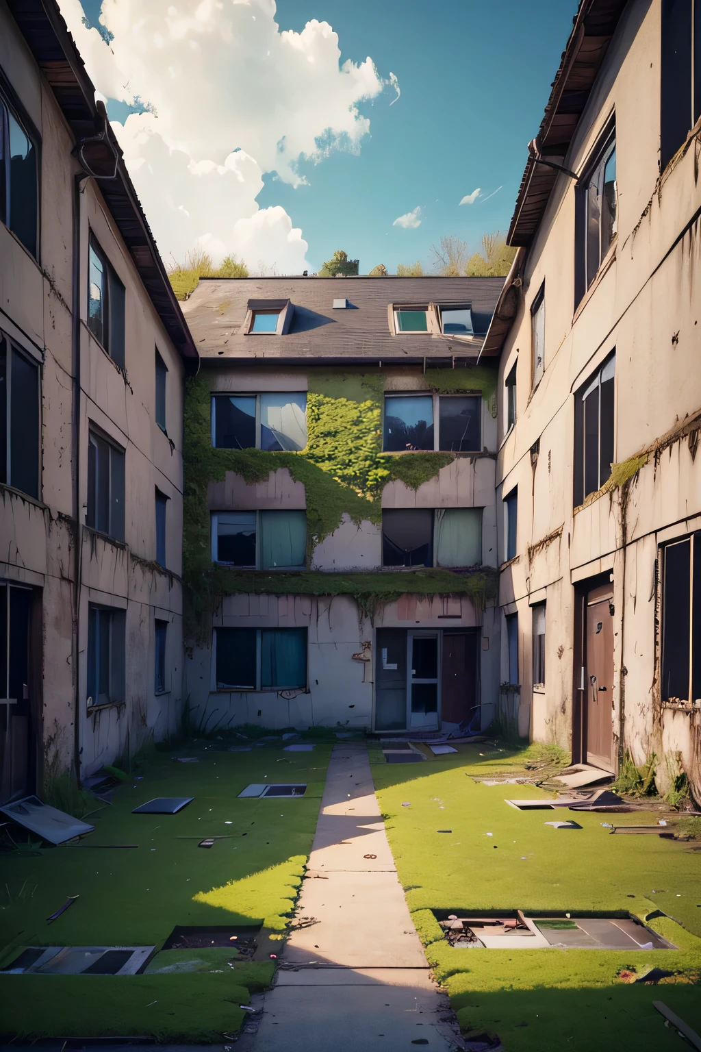 abandoned old apartment complex background covered in moss