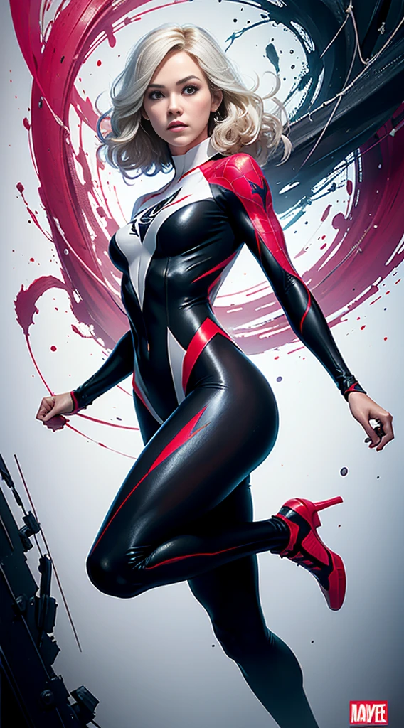 spider gwen, Hot, partial , hightquality, Dynamic Poses, Beautiful, Gorgeous, In love,Short suit, spider in a suit, white black red suit、Jennifer Garner