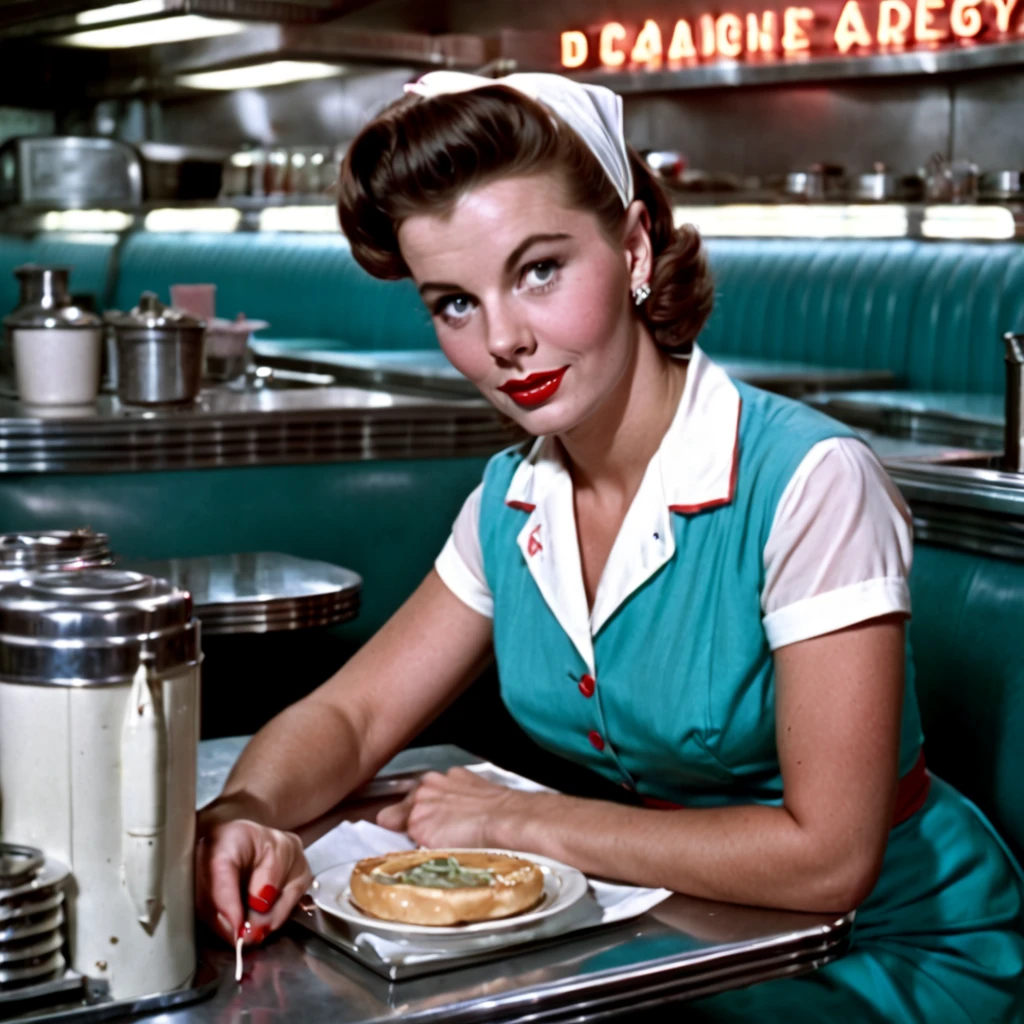 RAW photo of a diner waitress in 1957, colorized