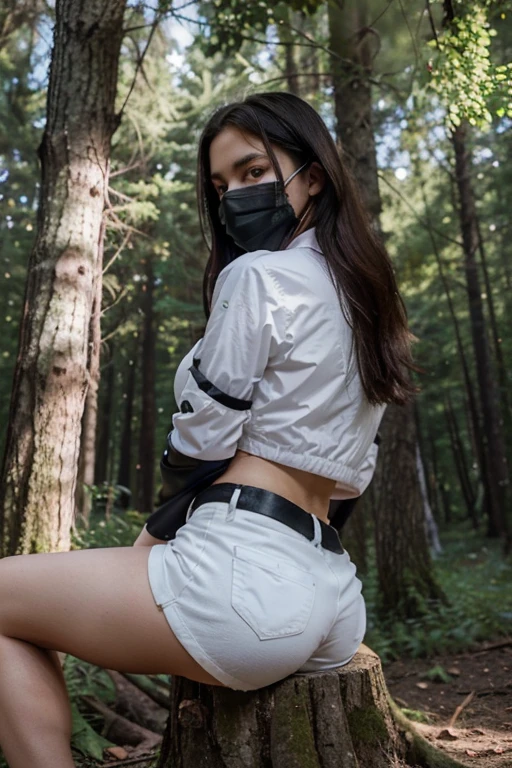 Pretty cool girl. Dark hair. 155cm height. 45kg. 23years old. Poland. Medium hips. Small bust. Dark jacket and top. White Shorts.to big shorts.she sit on tree with boy. In forest. shot from behind her. Dark Material mask on face.she hands on her tits  ((ultra realistic)) ((Best quality)) ((real))