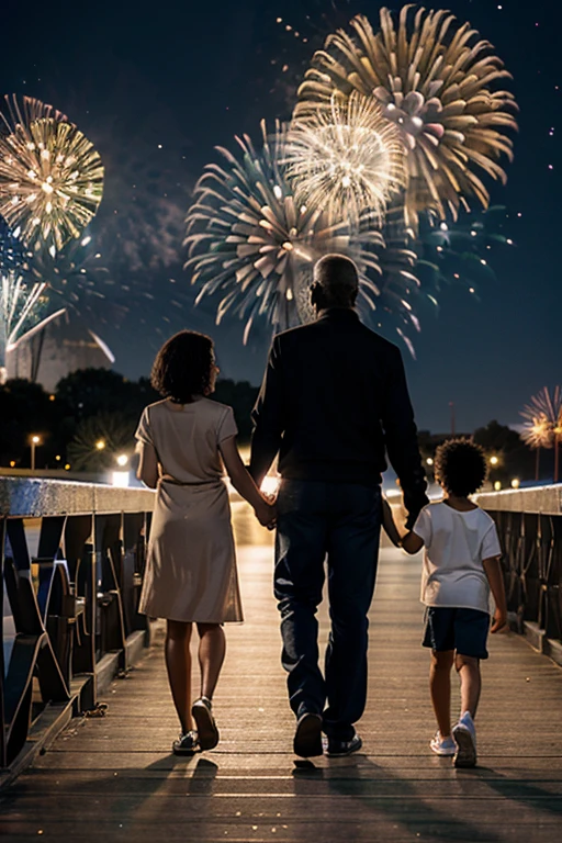 A Black Family, the father being the son and the mother, walking on a Marina bridge on a night full of fireworks