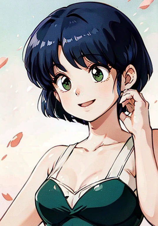 Beautiful and delicate portrait of playful cute girl with short boyish hair, Black hair, Emerald Green Sea, Mischievous smile, Dancing petals, (of the highest quality, masutepiece, Ultra-realistic) And petals floating in the background