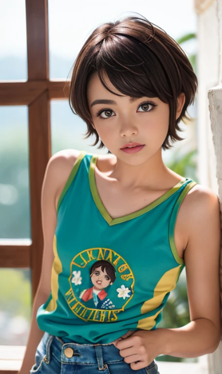 Photo of a 16 year-old american girl, .RAW, beautiful teenage girl, light brown hair hairstyle pixie , corte de cabello pixie , light brown pixie hair ((retrato)), ((Cara detallada:1.2)), ((Detailed facial features)), (Piel finamente detallada)  , (Masutepiece) (proporciones perfectaotos realistas)(La mejor calidad) (Detallado) fotografiado con una EOS R5 de Canon, Lente de 50 mm, f/2.8, NffSW, (8k) (papel tapiz) (cinematic lighting) (Dramatic lighting) (foco nítido) (Enrevesado) senos medianos , pechos medianos , small-nose , muchas pecas en mejillas y nariz , pecas en pecho, cuerpo completo , hermoso cuerpo de adolesente,  lindo maquillaje , gran sonrisa  , chica delgada escultural , ojos azules  , hermosa chica rockera , Luna Loud , TLH , gargantilla negra viste camiseta purpura sin mangas con imagen de calavera , cinturon blanco , falda color lila con patrones de cuadros , botas largas con tacon