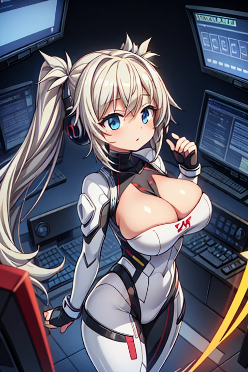 4K,hight resolution,One Woman,White blonde hair,poneyTail,head phone,Colossal tits,ninjartist,White Cybersuit,Knives,underground city