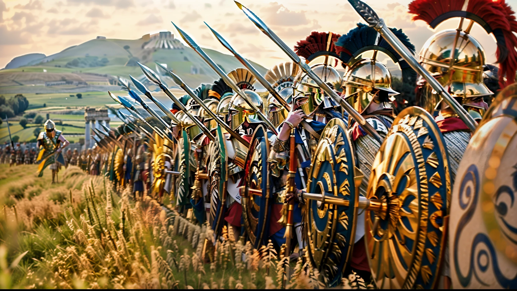 photography of a men wearing feathered helmet and shields and spears in a field, leading spartans into battle, ancient battlefield, trojan war, background of invading army, distant battle of cannae 216 bce, invading army background, sneering roman legioneer, fall of rome, spartan, 4 0 0 , 3rd century , roman centurion, wielding a spear