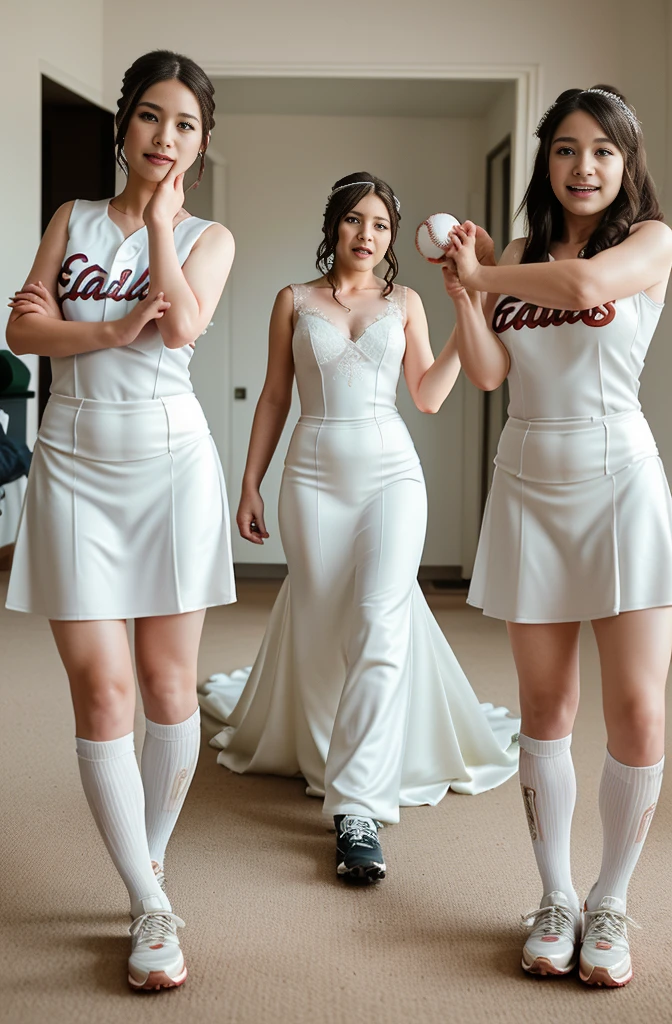 top-quality、masterpiece、超A high resolution、(photoRealstic:1.2)、(1人)、(独奏)、(女の子1.5)、absurderes、inside in room、posing for a picture,path to transformation、A bride wearing a wedding dress transforms into a female baseball player、Wedding Veils、A wedding dress smoothly transforms into a baseball uniform.、Baseball Shoes、Looks out of place、Surprised expression as you see yourself transforming、