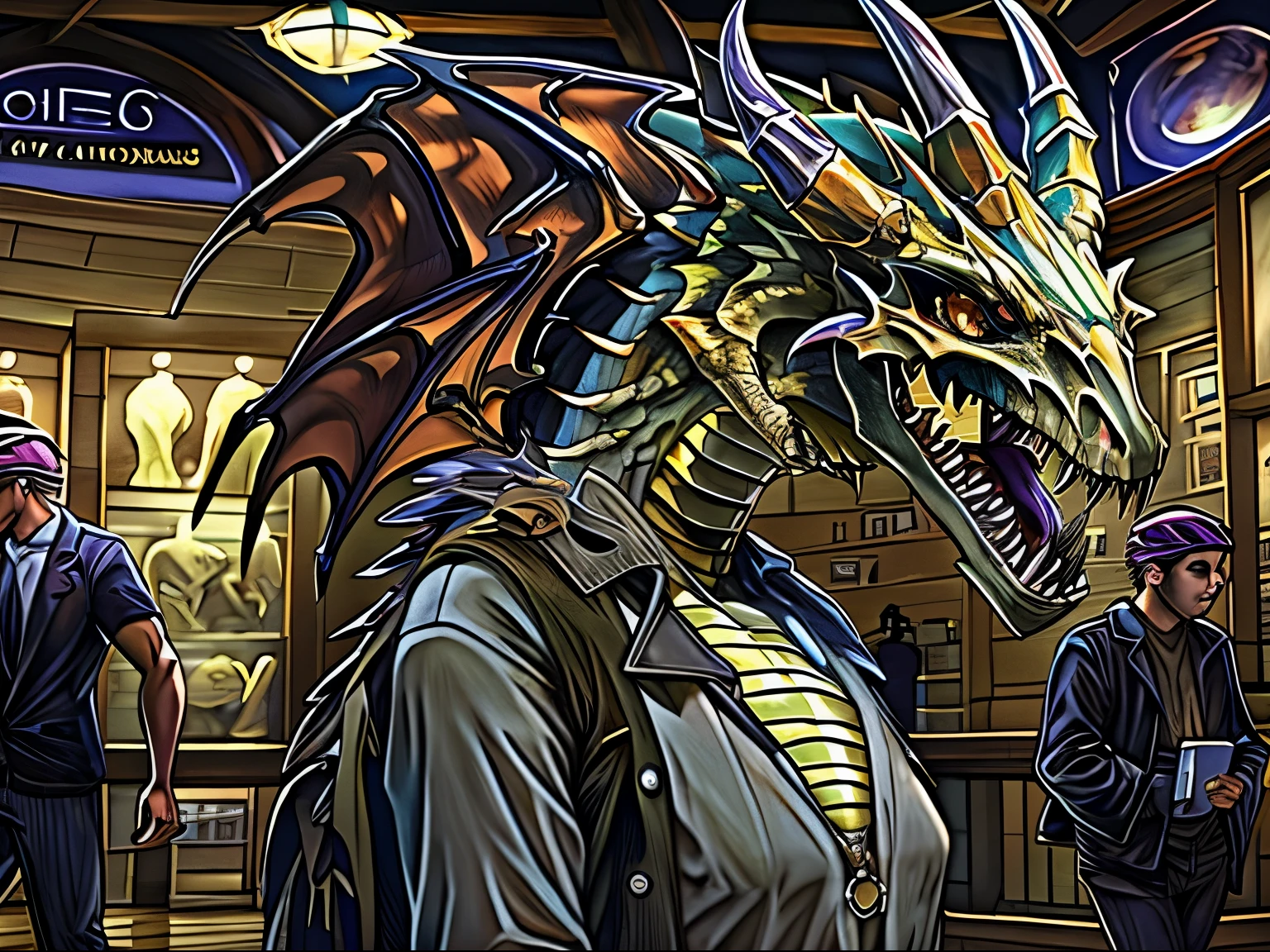 Hd, photorealistic, half transformation, college punk girl skeletal dragon hybridization metamorphosis, half human, inside mythical creature museum at night, standing on display platform, fossilization, dragon fossil metamorphosis, panicked expression
