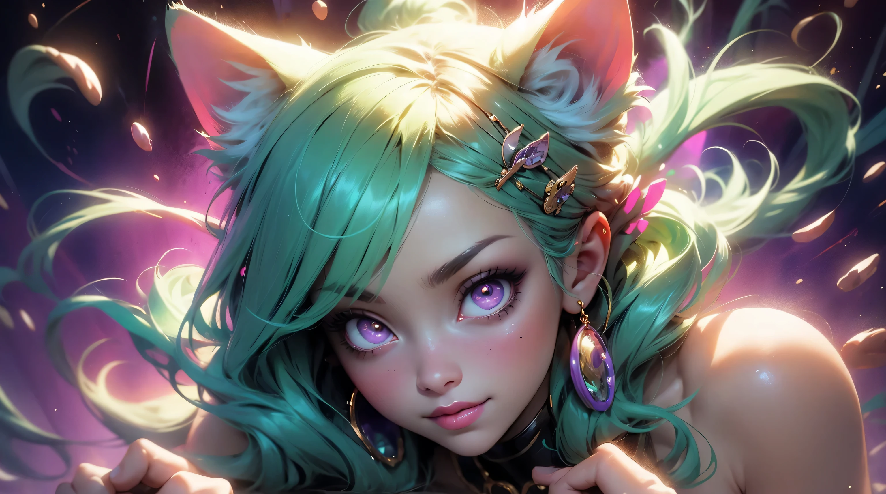 cute face, extreme abs, cute face, intricate details, city, cyberpunk, cityscape, smiling, nude, naked, no clothes, long hair, beautiful girl, jewlery, neon green hair, cat ears, highly-detailed, perfect face, purple eyes, lips, raining, tall, make up, zero gravity, planets space glowing powerballs, cosmic fuzzy style, fashion accesories, closeup, body shot, cute, zero gravity, magical ribbons, power display, giant black and gold giant octopus tentacles, jewlery, quantum balls of power and light, detailed, fractal sky,