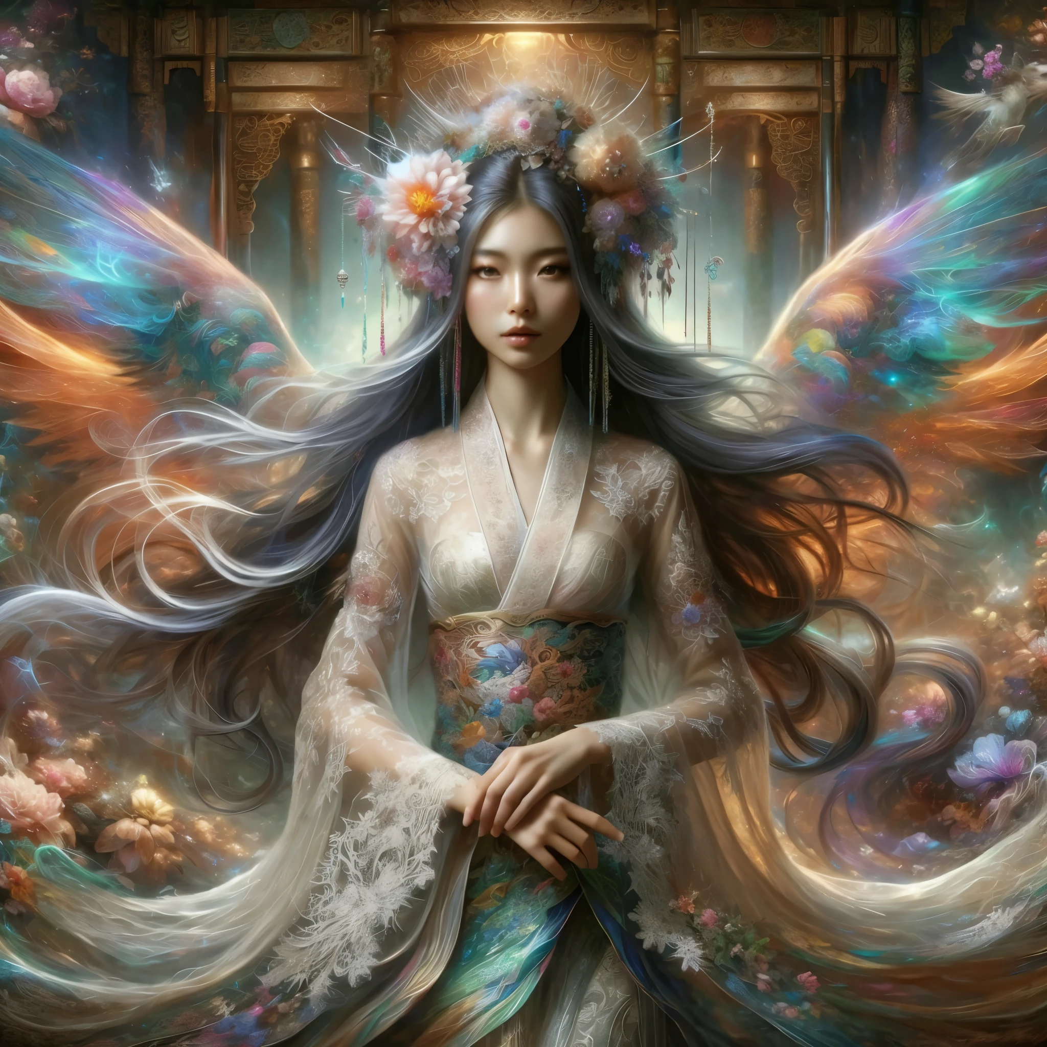 a painting of a woman with long hair and a flower crown, beautiful fantasy art, very beautiful fantasy art, beautiful fantasy art portrait, breathtaking fantasy art, detailed fantasy digital art, digital art fantasy art, beautiful fantasy painting, amazing fantasy art, beautiful digital artwork, colorfull digital fantasy art, digital fantasy art ), detailed fantasy art, beautiful fantasy maiden, a beautiful fantasy empress