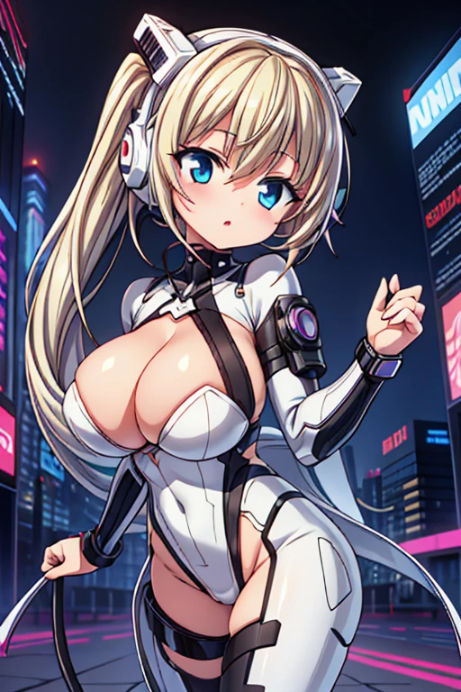 4K,hight resolution,One Woman,White blonde hair,poneyTail,head phone,Colossal tits,ninjartist,White Cybersuit,Cyberpunk Handgun,underground city