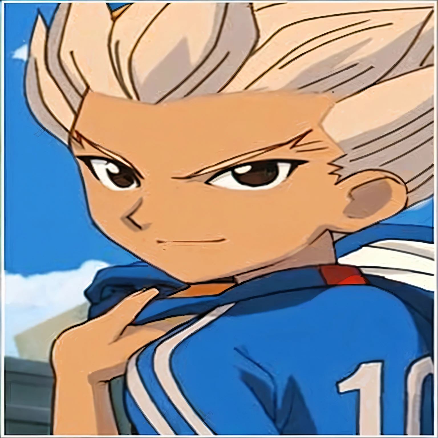 a close up of a anime character with a blue shirt, axel blaze from inazuma eleven