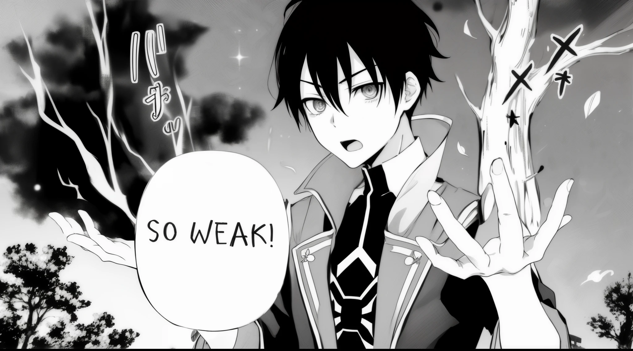 anime boy with a sign saying so use, usar, Anime Estilo Estrela, black and white manga panel, Kirito, inspirado em Okumura Masanobu, Da Cryptid Academia, black and white manga style, Isekai manga panel, inspired by Munakata Shikō, Okata Kazuto......., Ike Nobutaka, menacing stare