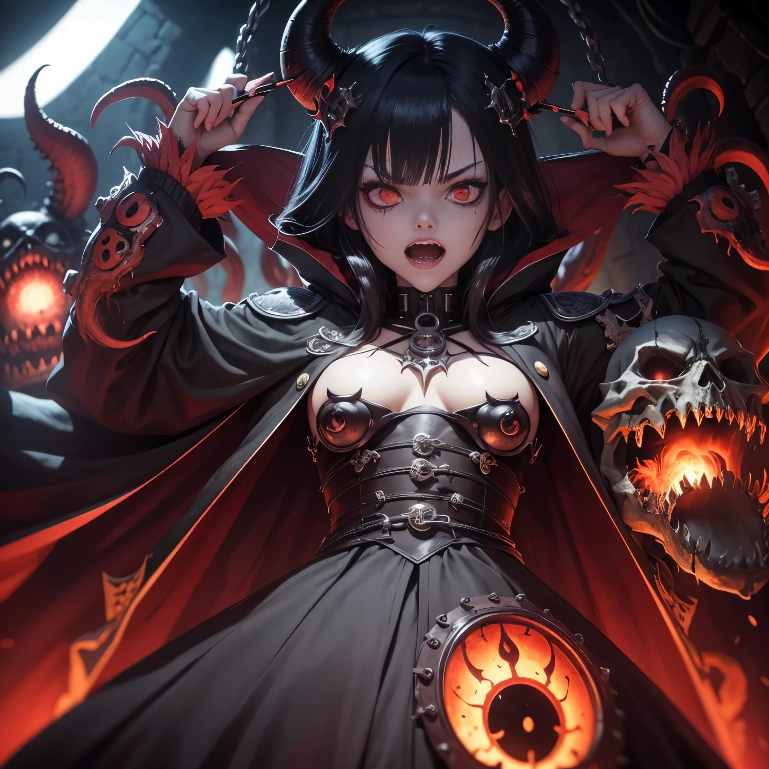 Tokio Ghoul, anime, demonio, bestial skull, correntes ensanguentadas, preso, ossos Behemoth, manic eye aberration, membros suturados, tentacles, ossos, dentes, presas afiadas, acorrentado, expression of insanity, loucura, dungeon dungeon environment, 8k, qualidade ultra HD.