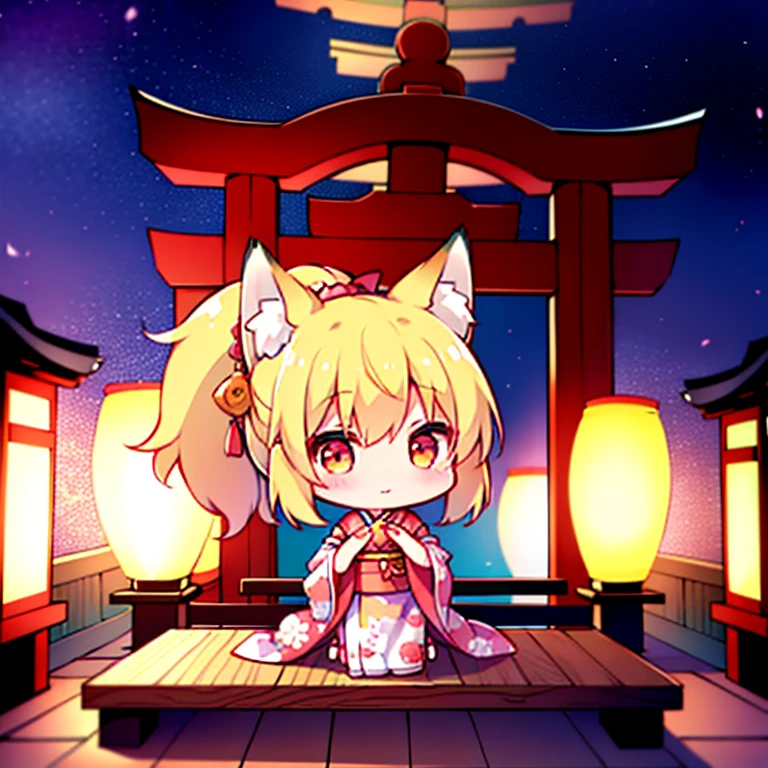 1 girl in、Blonde ponytail、Fox eared tail、Floral kimono、foxfire、kawaii、Chibi、Shrine with lanterns、shrine background、Chibi Chara、(High resolution of the highest quality)、[[Tangled fingers]]