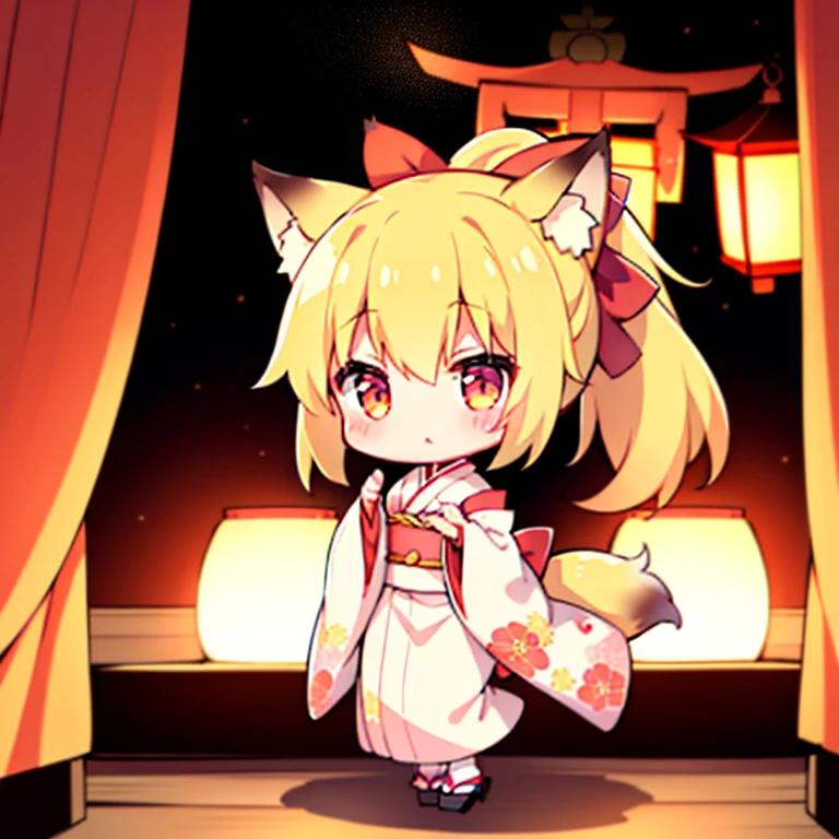 1 girl in、Blonde ponytail、Fox eared tail、Floral kimono、foxfire、kawaii、Chibi、Shrine with lanterns、shrine background、Chibi Chara、(High resolution of the highest quality)、[[Tangled fingers]]