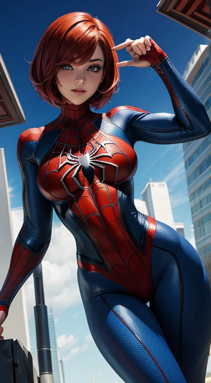 Foto de corpo inteiro, leve sorriso, a superhero dressed as Spider-Man, no mask on. a woman in a swimsuit-like Spider-Man costume, Cabelo comprido vermelhos, seios enormes, Athletic body, Vibrant and dynamic style, with solid colors and defined contours. highlighting the heroine. No distortions or imperfections. Centralized composition, foco na personagem. 8K分辨率, dimensions of 2040x2040 pixels.
Keep female representation strong and respectful, emphasizing her role as a superhero. Ensure a balanced and coherent aesthetic with the Spider-Man universe.