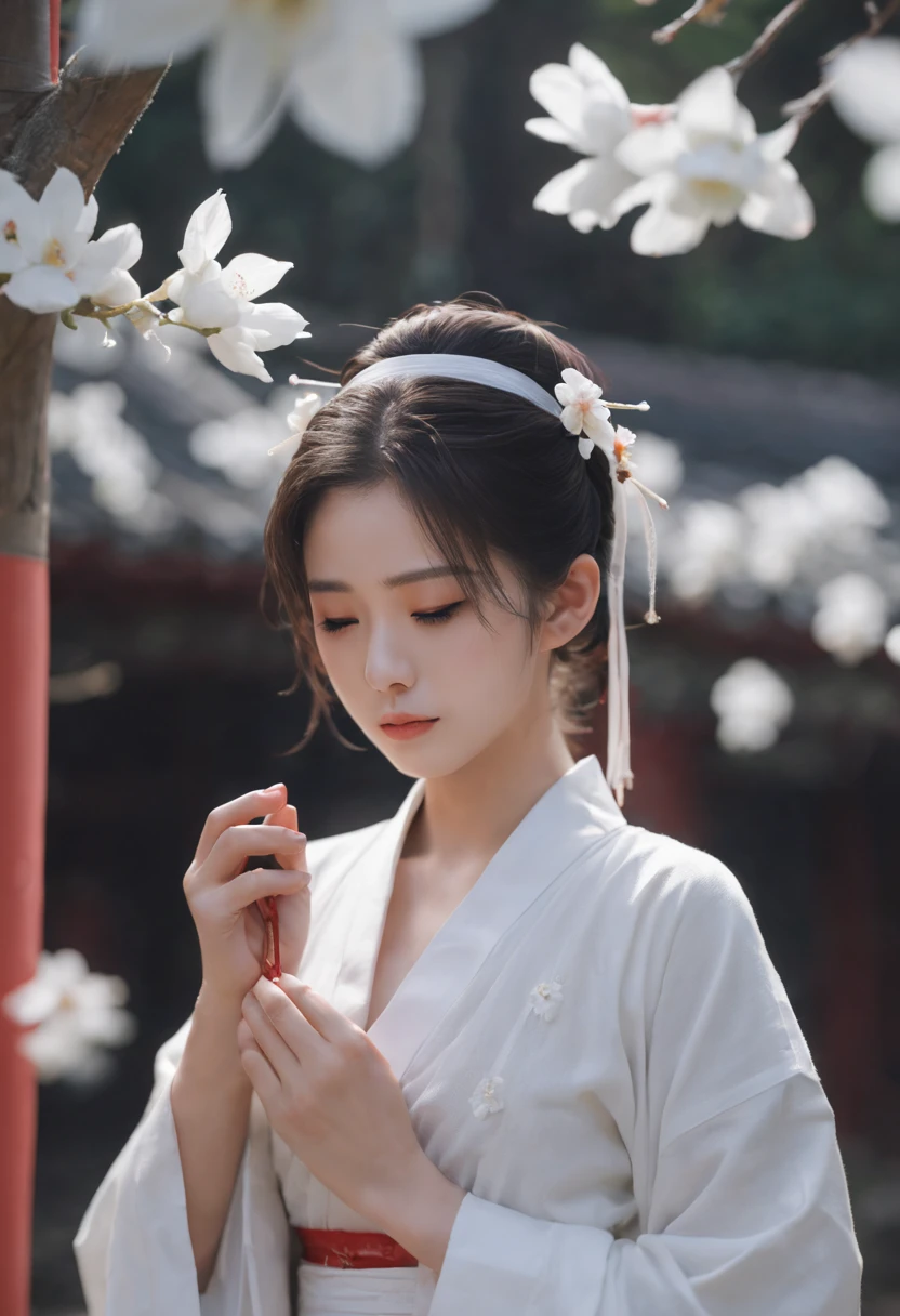 (Raw photo:1.2), (Photorealistic), Beautiful detailed girl, Very detailed eyes and face, Beautiful detailed eyes, Huge file size, High resolution, Very detailed, Best Quality, [masutepiece:1.6], Illustration, Very detailed, Fine detail, Best Quality, 8K Wallpaper, Movie Lighting, shrine maiden, praying in front of the shrine, Underwear, tying  hair, Wearing white underwear, White panties,  I see underwear,  White panties are visible, A mysterious shrine in the forest, Foggy forest, expression of prayer, Slim body, Young Face, Small butt, Immature body,japanese god々Shii Shrine