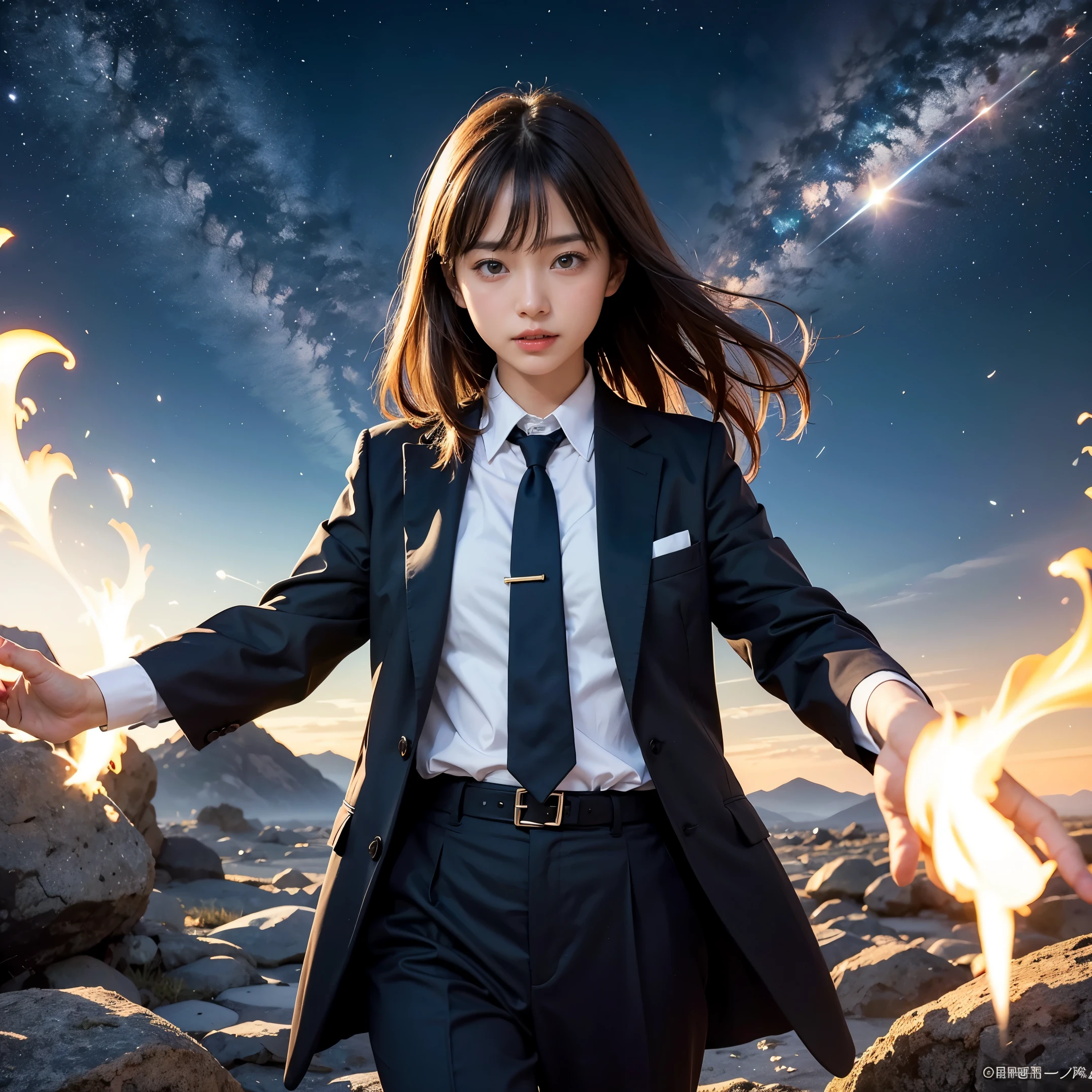 (masutepiece, Best Quality:1.2), 8K, Official art, Surprised expression、put one's hand over one's mouth、Wearing a suit、Gesture of removing tie、You can see the chest、Rough image of a girl in uniform holding a globe, official artwork, portrait anime space cadet girl, with earth, girl in space, Space High School, Space Girl, planetes, Trending on CGSTATION, 太陽系外planetes, Official art, Mar Planet, beautiful anime high school girl, sakimichan, planetesの隣に浮かぶ, in intergalactic japan、Five Fingers Photos&#39;Body of, full body Esbian、Suit Beauty、Big Dipper in the background、star explosion、A dark-hairedの美しい裸足の女性, hold a flame in your right hand、tie a tie with your right hand、Turn your face up、looking-down、cool expression、明るい溶岩の光が小planetes帯の下から壊れた地球の上に昇る(Jagged rock rocks and fragments shot into the air:1.3) (Storm of windy dust debris:1.1) Volume fogmist by trace Z、It can allow bright light from below to pass through、 (​masterpiece) (top-quality) (detaileds) (8K) (电影灯光) (foco nítido) (Convoluted)A dark-haired、14years、small tits、A delightful、A smile、unbelievable Ridiculous, (a beauty girl, Pretty Face, arching back down, Gold hair ornament on hair、wearing a suits、close up, Wearing a suit, Short sleeve, gardenia, violaceaess, spaces , Looking at Viewer, Film grain, chromatic abberation, オッパイfoco nítido, face lights, Dynamic lighting, Cinematic lighting, detailedsな目と顔, (Gray tie、1 copy:1.2)