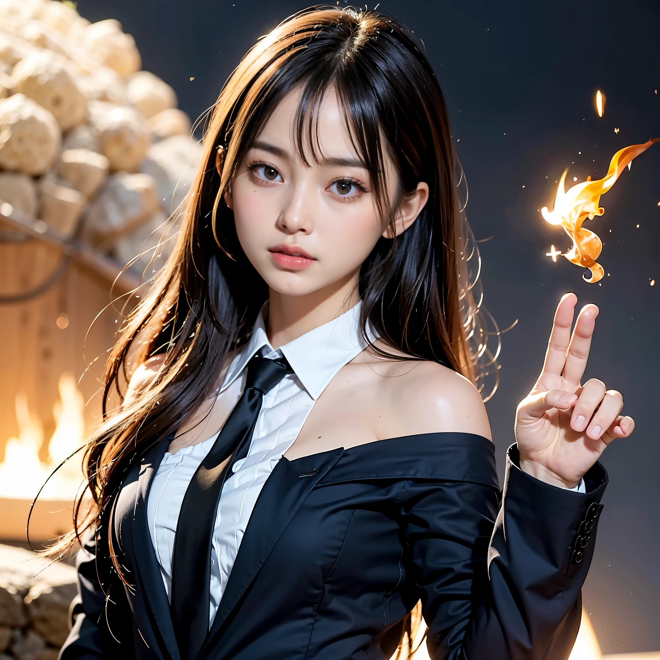 (masutepiece, Best Quality:1.2), 8K, Official art, Surprised expression、put one's hand over one's mouth、Wearing a suit、Gesture of removing tie、You can see the chest、Rough image of a girl in uniform holding a globe, official artwork, portrait anime space cadet girl, with earth, girl in space, Space High School, Space Girl, planetes, Trending on CGSTATION, 太陽系外planetes, Official art, Mar Planet, beautiful anime high school girl, sakimichan, planetesの隣に浮かぶ, in intergalactic japan、Five Fingers Photos&#39;Body of, full body Esbian、Suit Beauty、Big Dipper in the background、star explosion、A dark-hairedの美しい裸足の女性, hold a flame in your right hand、tie a tie with your right hand、Turn your face up、looking-down、cool expression、明るい溶岩の光が小planetes帯の下から壊れた地球の上に昇る(Jagged rock rocks and fragments shot into the air:1.3) (Storm of windy dust debris:1.1) Volume fogmist by trace Z、It can allow bright light from below to pass through、 (​masterpiece) (top-quality) (detaileds) (8K) (电影灯光) (foco nítido) (Convoluted)A dark-haired、14years、small tits、A delightful、A smile、unbelievable Ridiculous, (a beauty girl, Pretty Face, arching back down, Gold hair ornament on hair、wearing a suits、close up, Wearing a suit, Short sleeve, gardenia, violaceaess, spaces , Looking at Viewer, Film grain, chromatic abberation, オッパイfoco nítido, face lights, Dynamic lighting, Cinematic lighting, detailedsな目と顔, (Gray tie、1 copy:1.2)