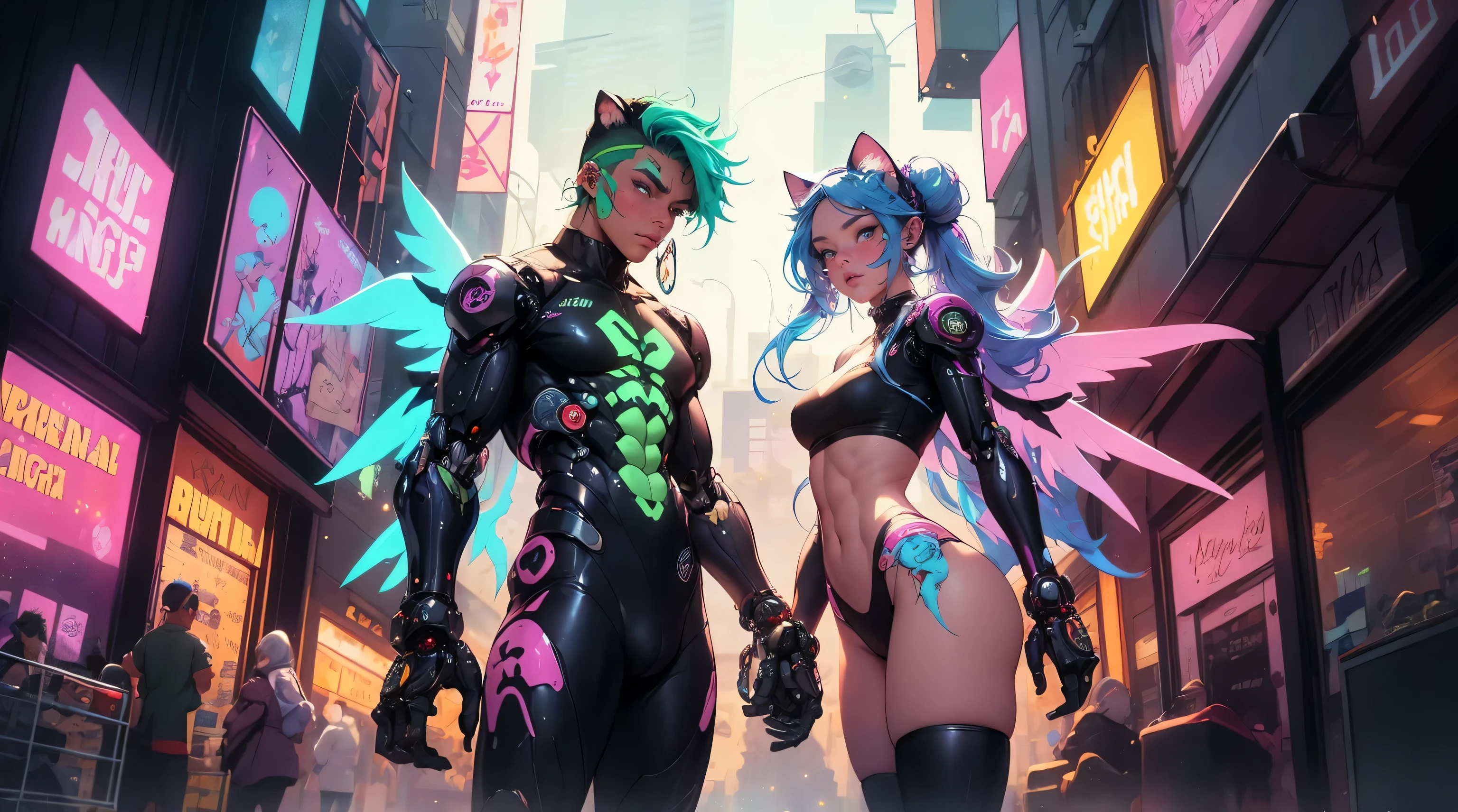 a beautiful female, 2 girls, rainbow color, cat ears, rainbow hair, stylish hair, mechanical wings, machine, cars, street, neon signs, planets, no clothes, nudist, neon green hair, space buns, giant tentacles touching, rainbow hair, fractal galaxy sky, busy scene, amazing, with cute face and long hair, cyberpunk city, mega robots, high technology, city, very detailed, no clothes, Ethereal Cyberverse, Extreme abs, Cybernetic Frequential Fusion,nudist,