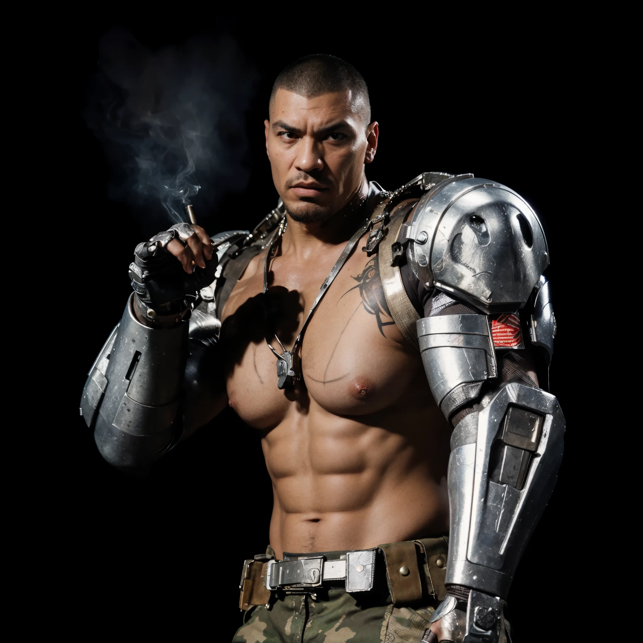(masterpiece),(best quality:1.0),(ultra high resolution:1.0),jax Briggs, cyborg, bad face, menacing look,metal arm, scars, military haircut, adult man, grabbing a cigarette, mortal kombat, closeup,1 guy,detailed, face focus, muscular, 8k wallpaper, full body