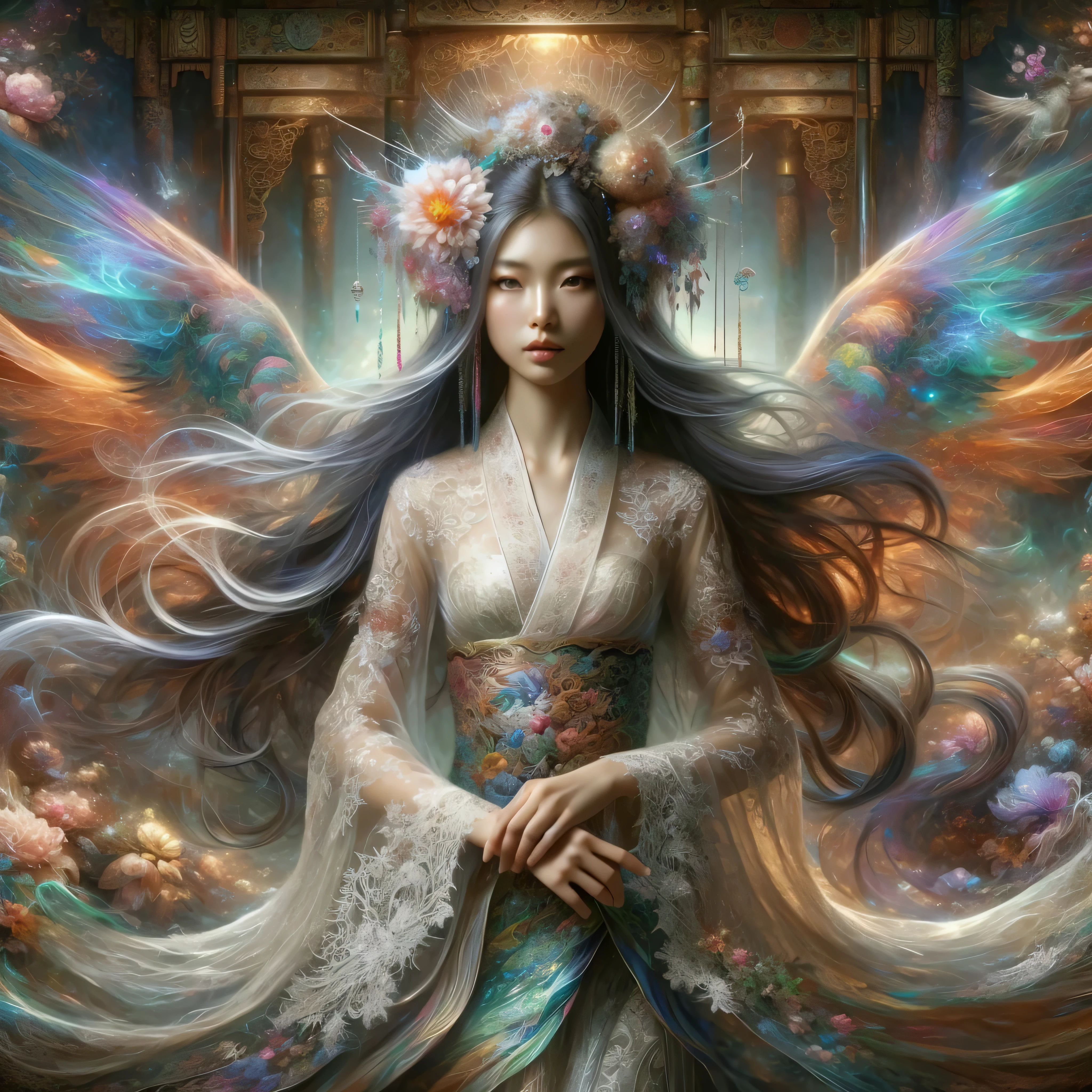 a painting of a woman with long hair and a flower crown, beautiful fantasy art, very beautiful fantasy art, beautiful fantasy art portrait, breathtaking fantasy art, detailed fantasy digital art, digital art fantasy art, beautiful fantasy painting, amazing fantasy art, beautiful digital artwork, colorfull digital fantasy art, digital fantasy art ), detailed fantasy art, beautiful fantasy maiden, a beautiful fantasy empress