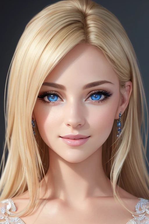 (best quality,4k,8k,highres,masterpiece:1.2),ultra-detailed,(realistic,photorealistic,photo-realistic:1.37),beautiful detailed eyes,beautiful detailed lips,detailed face,longeyelashes,(portrait:1.2),blonde hair,perfect skin,smiling,confident,studio lighting,vivid colors,subtle bokeh,blue dress,looking straight into the camera