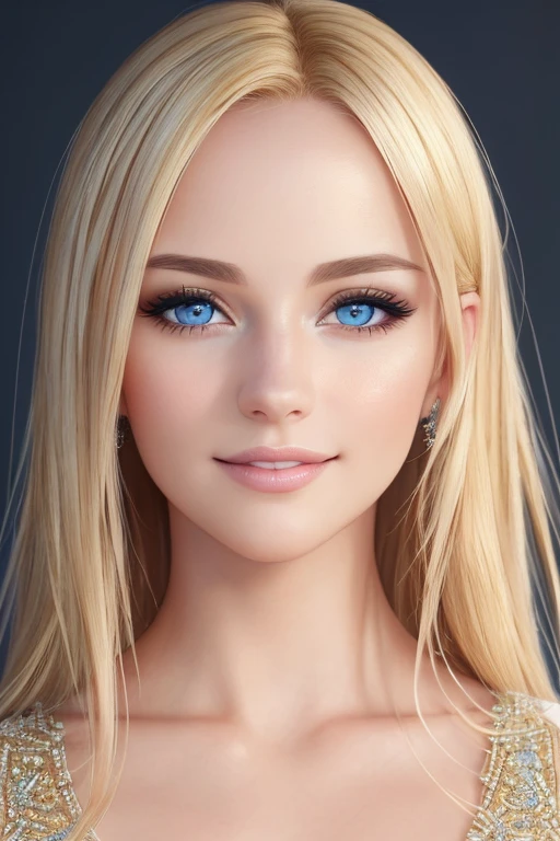 (best quality,4k,8k,highres,masterpiece:1.2),ultra-detailed,(realistic,photorealistic,photo-realistic:1.37),beautiful detailed eyes,beautiful detailed lips,detailed face,longeyelashes,(portrait:1.2),blonde hair,perfect skin,smiling,confident,studio lighting,vivid colors,subtle bokeh,blue dress,looking straight into the camera